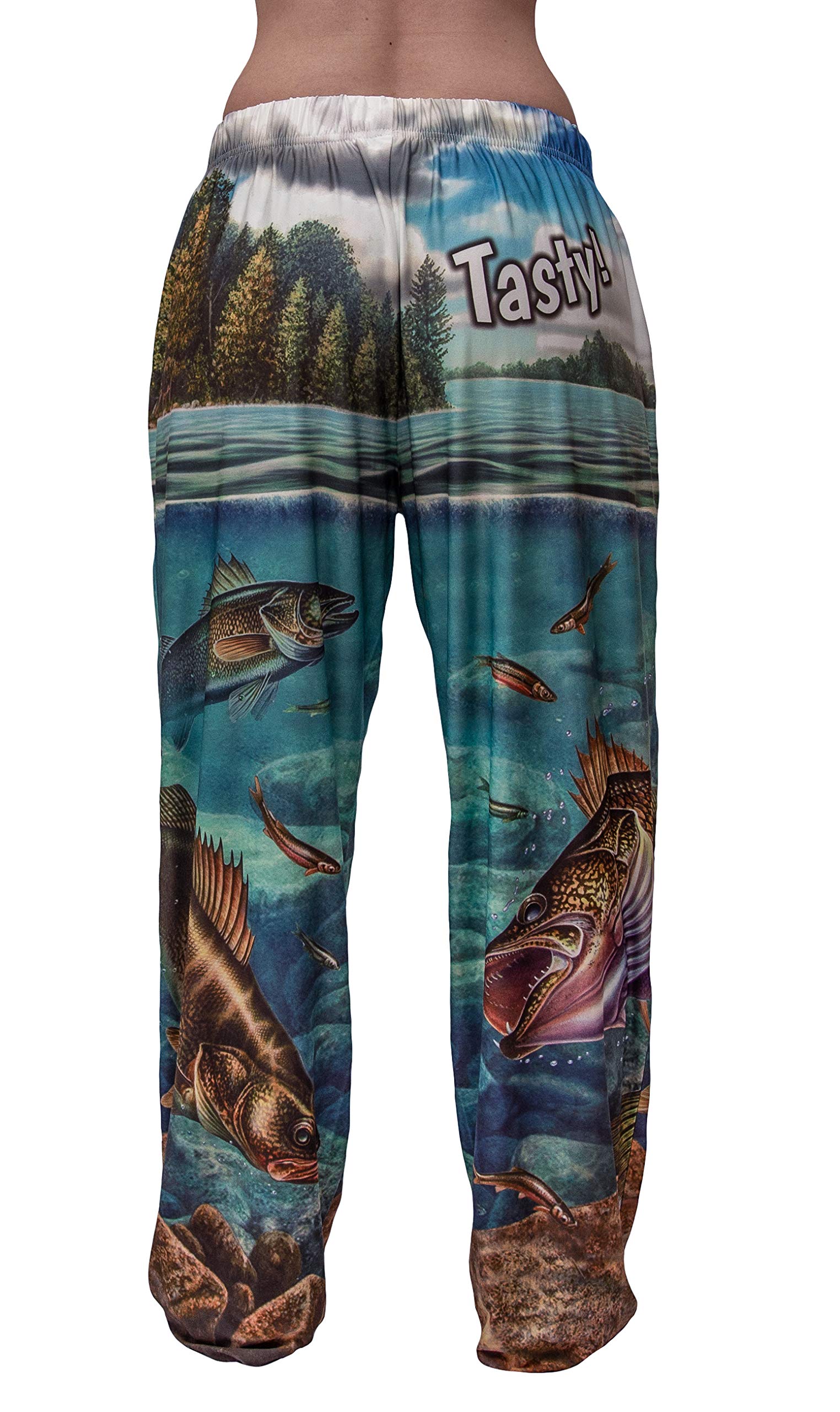 Waist down photo of model wearing Walleye, Tasty! pajama lounge pants back view (white background)