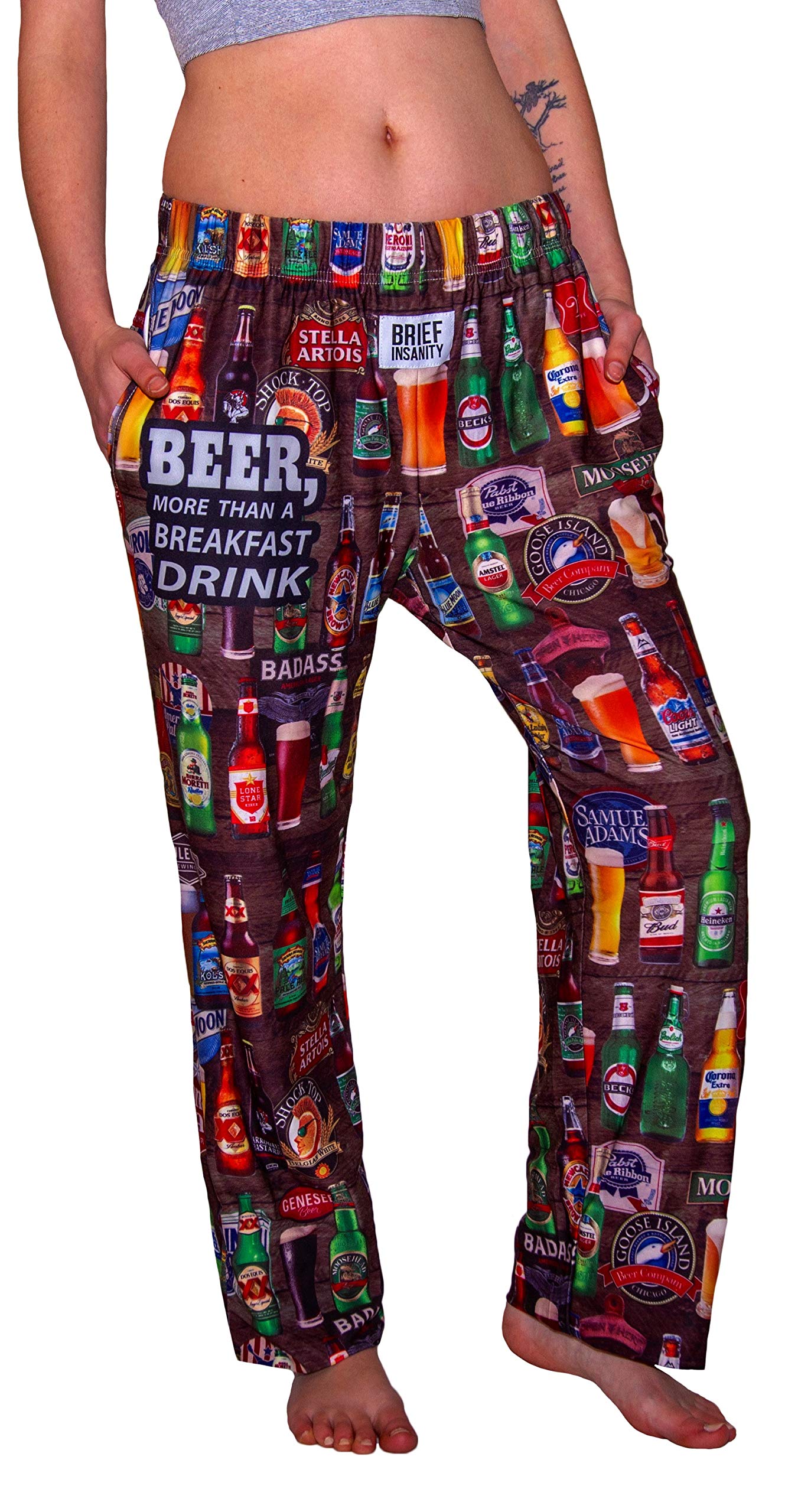Waist down photo of model wearing Beer For Breakfast pajama lounge pants front view (white background)