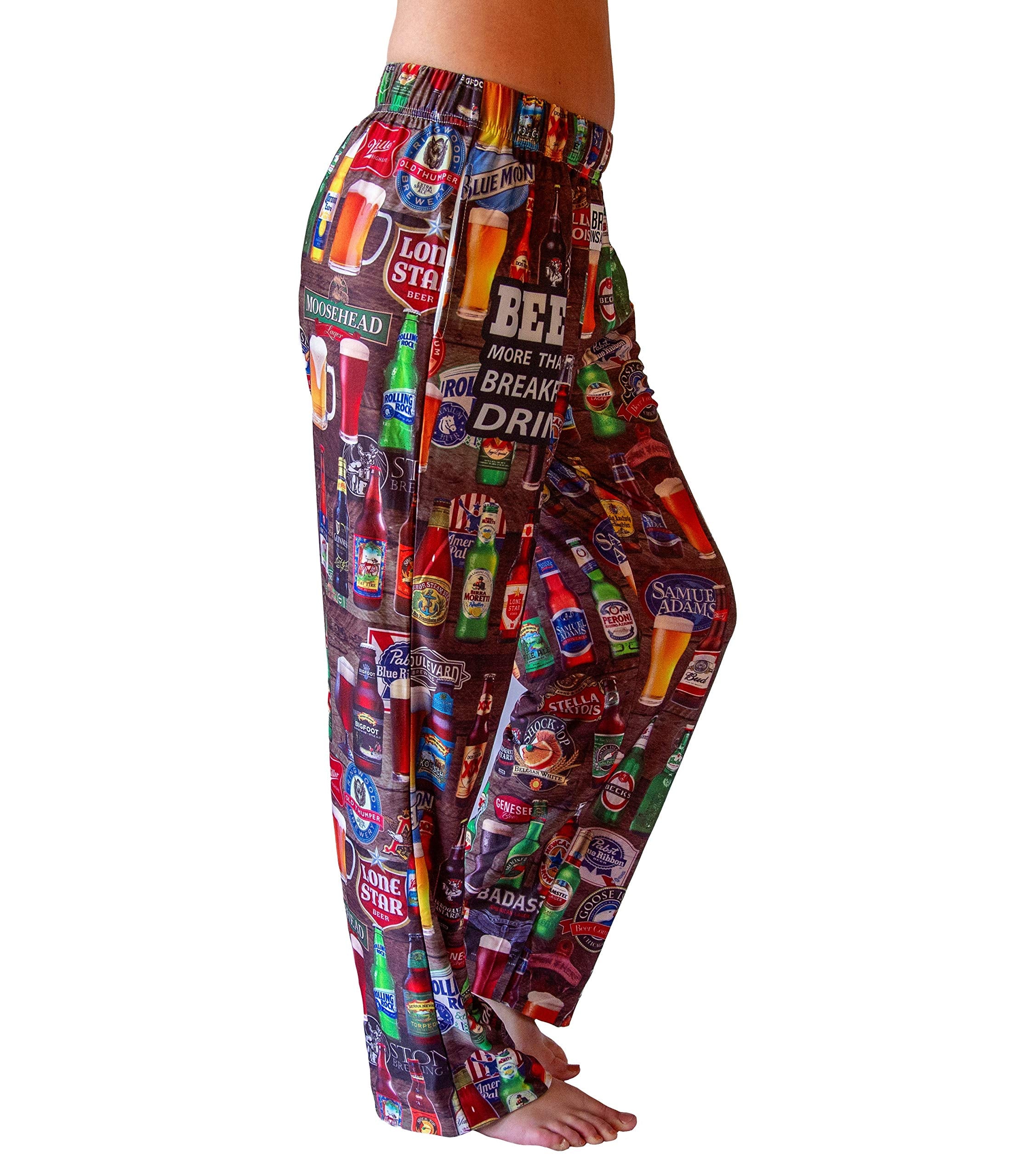 Waist down photo of model wearing Beer For Breakfast pajama lounge pants side view (white background)