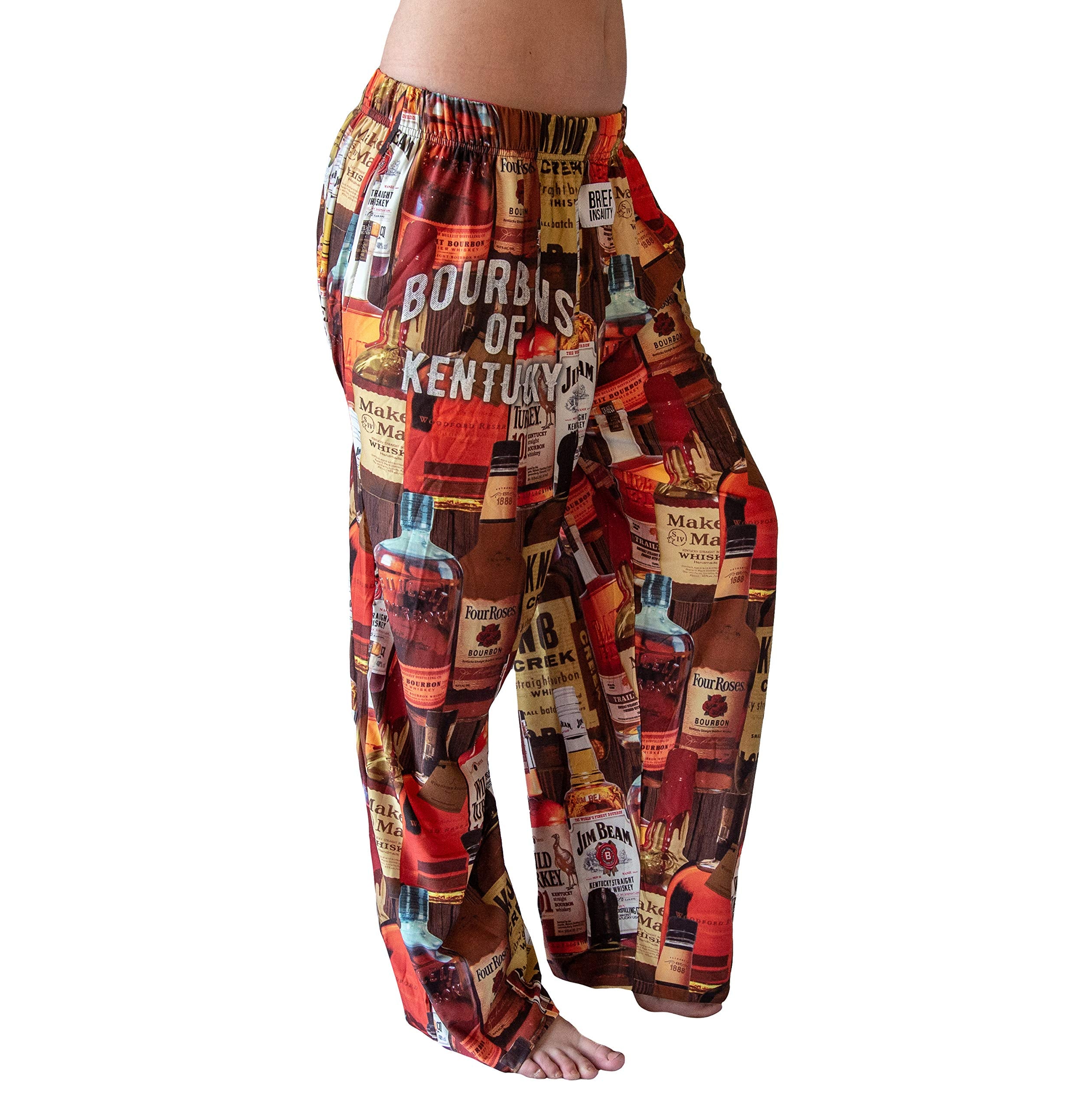 Waist down photo of model wearing Bourbons Of Kentucky pajama lounge pants side view (white background)