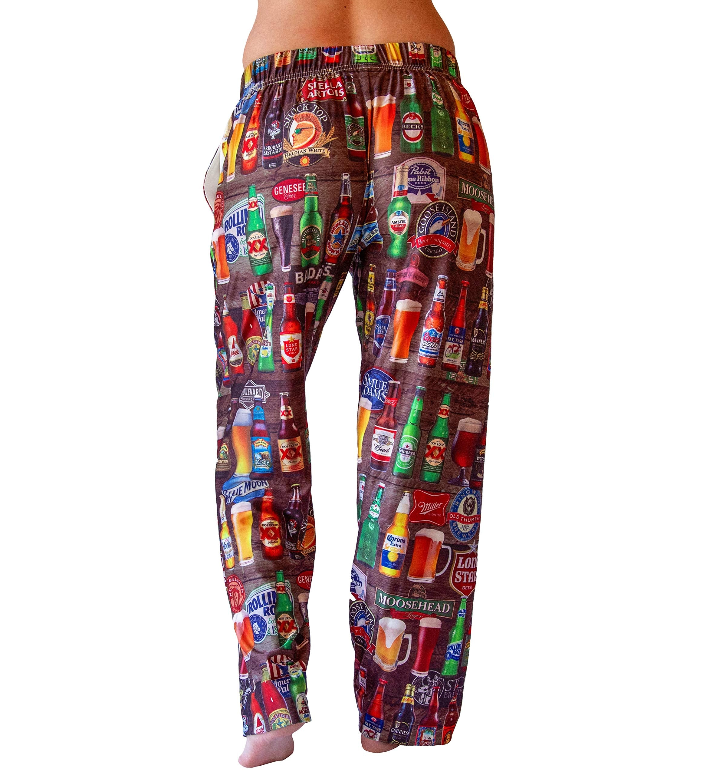 Waist down photo of model wearing Beer For Breakfast pajama lounge pants back view (white background)