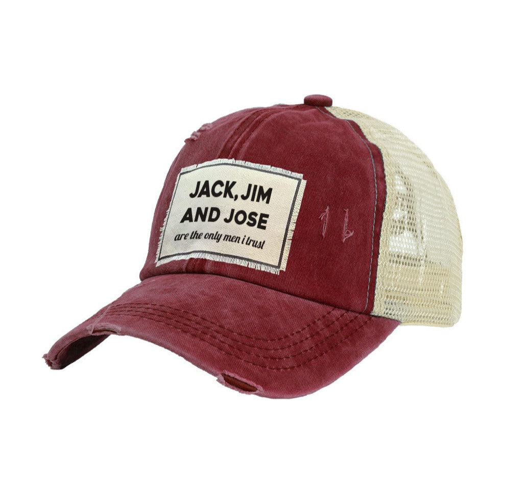 BRIEF INSANITY Jack, Jim And Jose Vintage Distressed Trucker Adult Hat