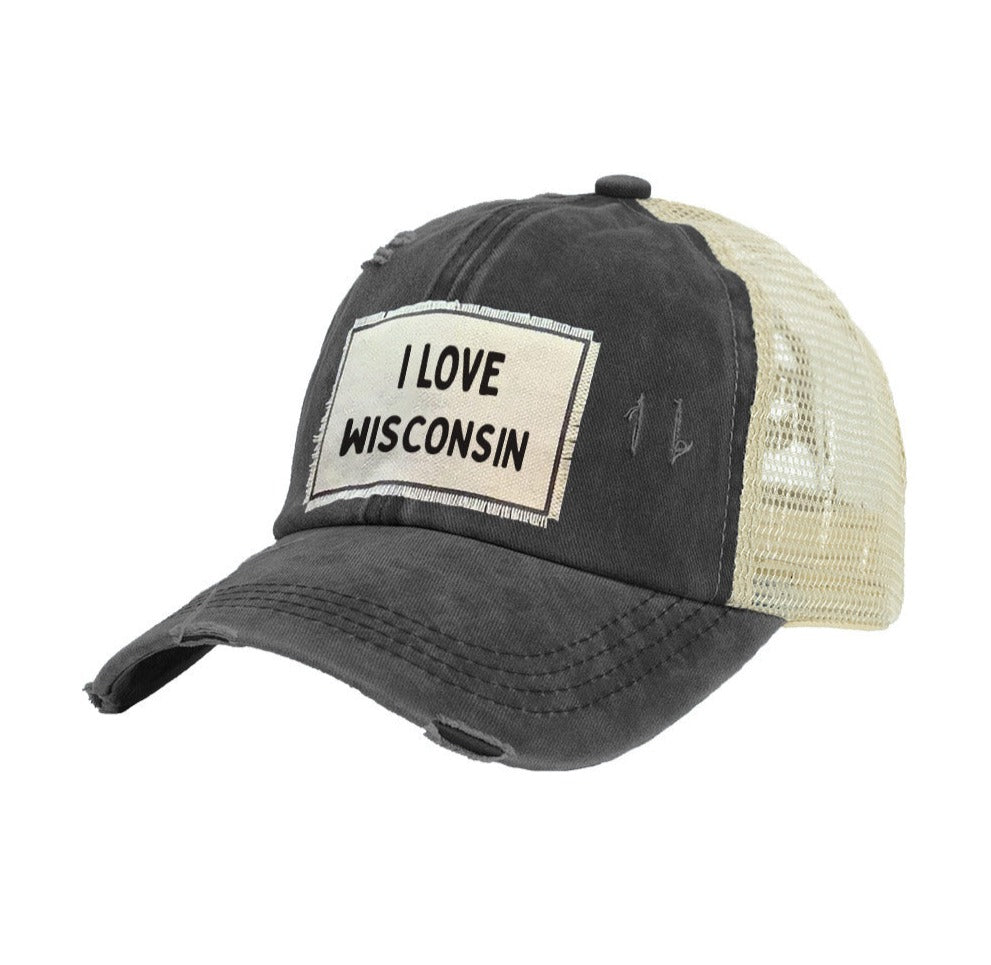 BRIEF INSANITY I Love Wisconsin Vintage Distressed Trucker Adult Hat