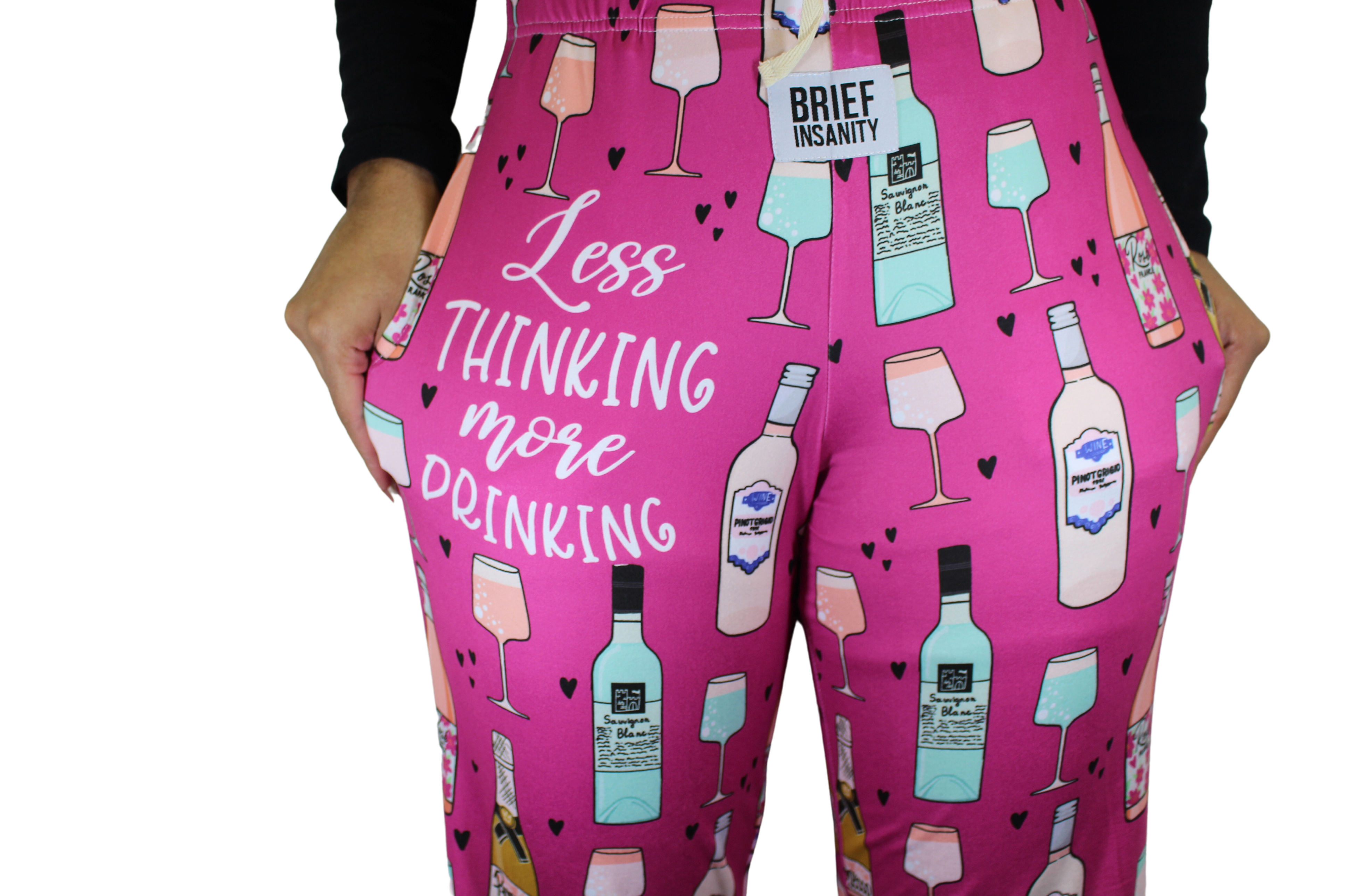 Less Thinking, More Drinking pajama lounge pants on model close up (front view)