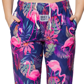 Flamingo pajama lounge pants close up front view with strings and pockets