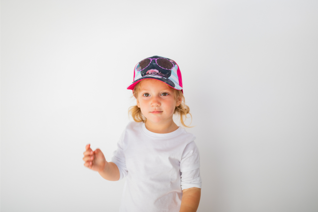 Image of little girl model wearing Ruff Day kids cap #2 (front view white background)