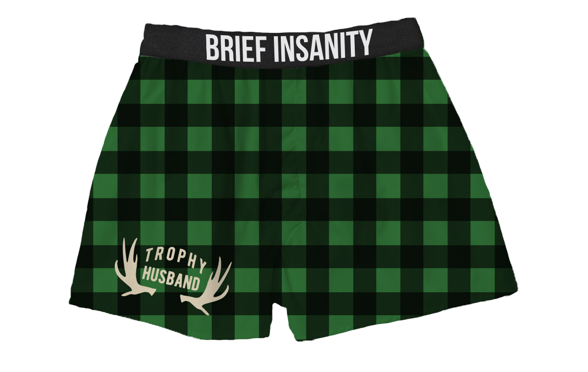 BRIEF INSANITY Trophy Husband Green Plaid Boxer Shorts