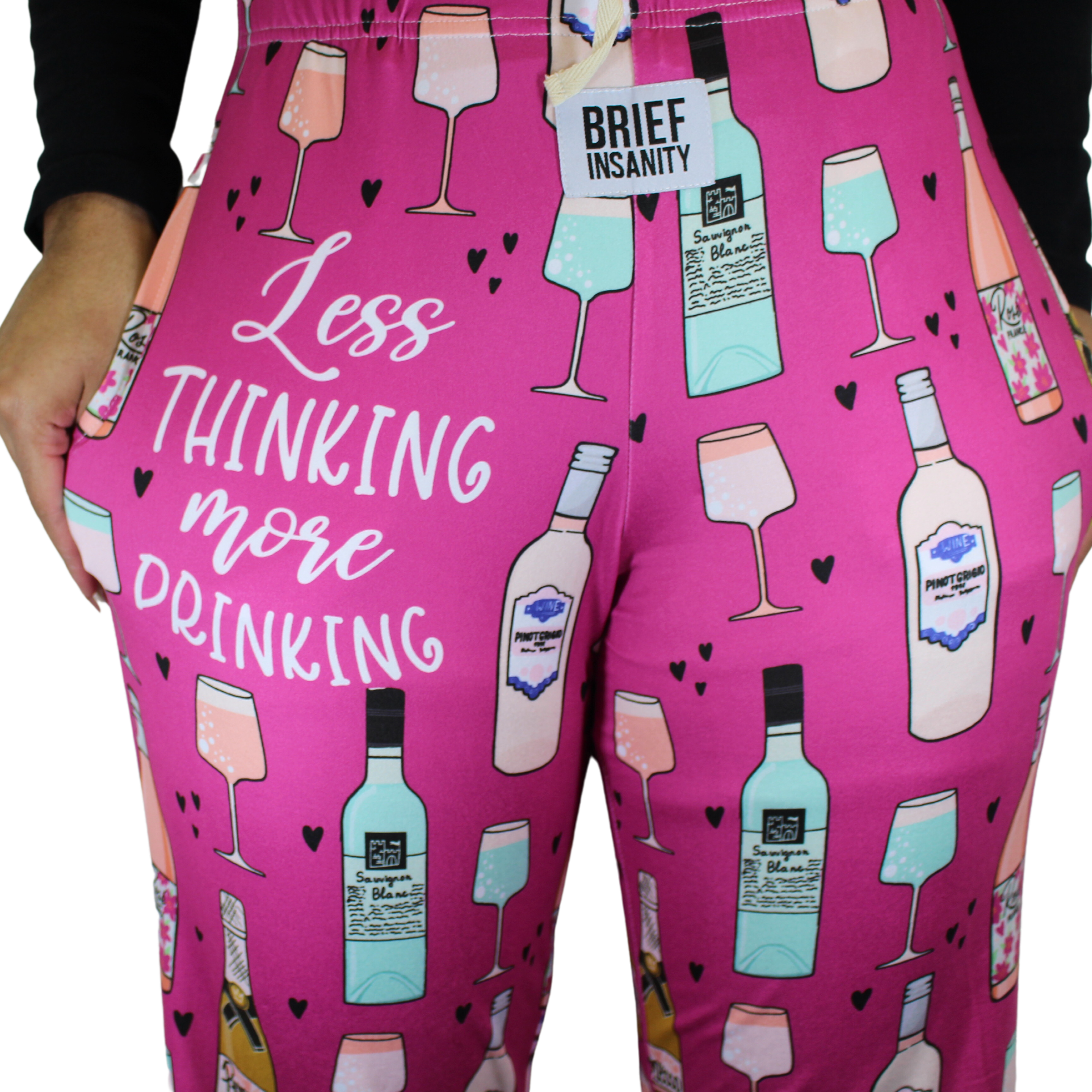 Less Thinking More Drinking Pajama Lounge Pants close up front view
