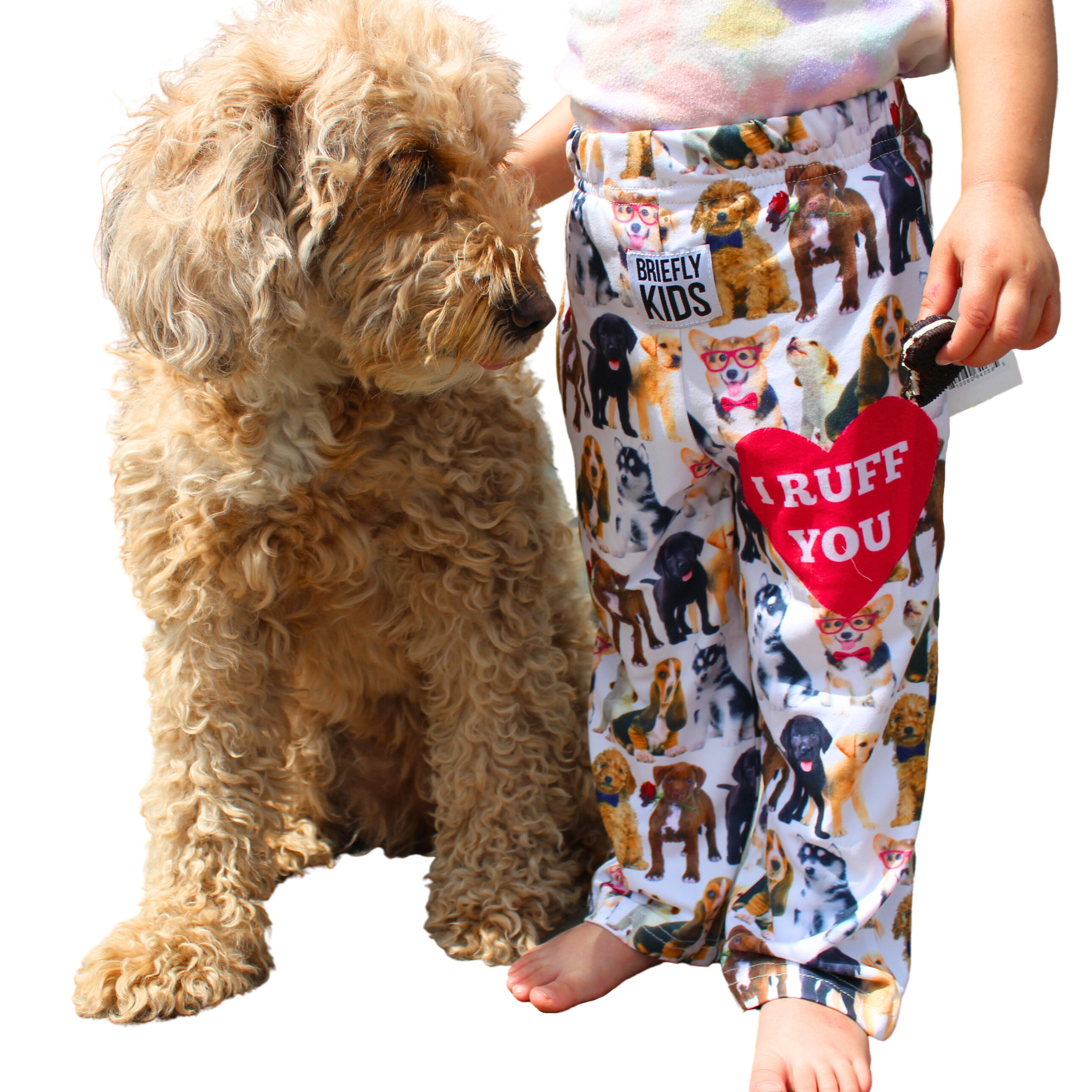 I Ruff You Kids Pants on child standing next to dog