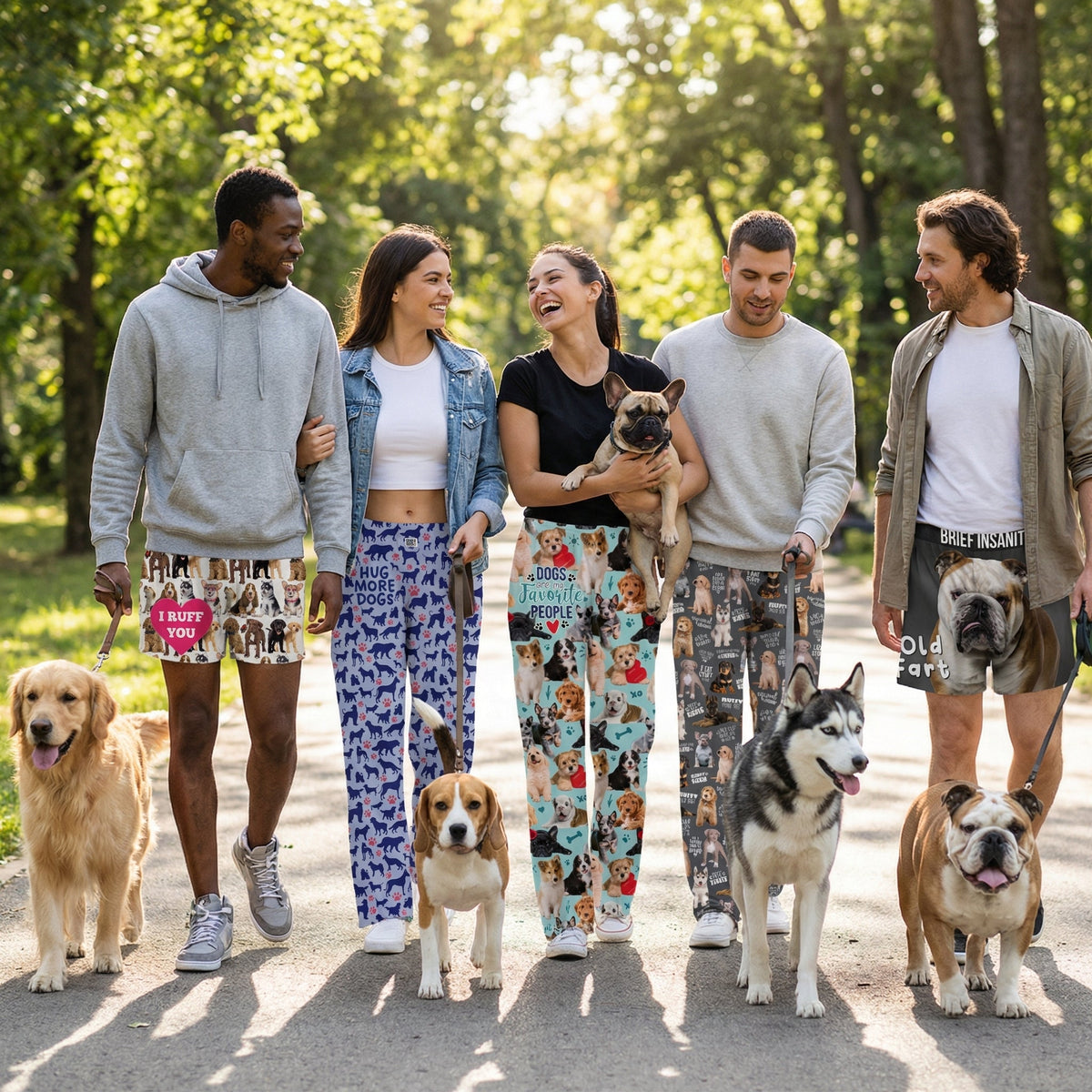 Group of friends walking dogs in casual Snoopy lounge pants and streetwear outdoors.