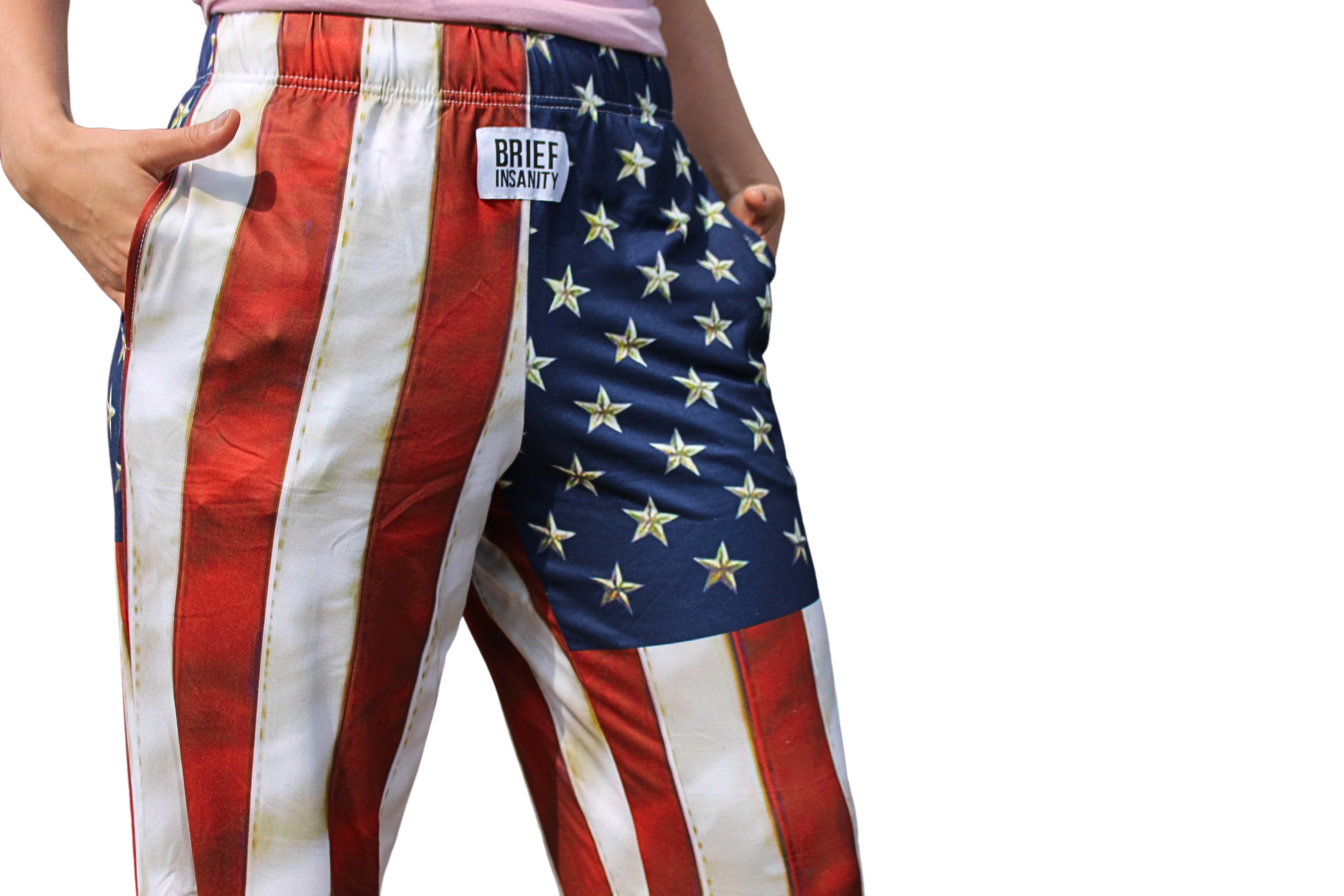 American Flag Pajama Lounge Pants side angle/front close up view on model