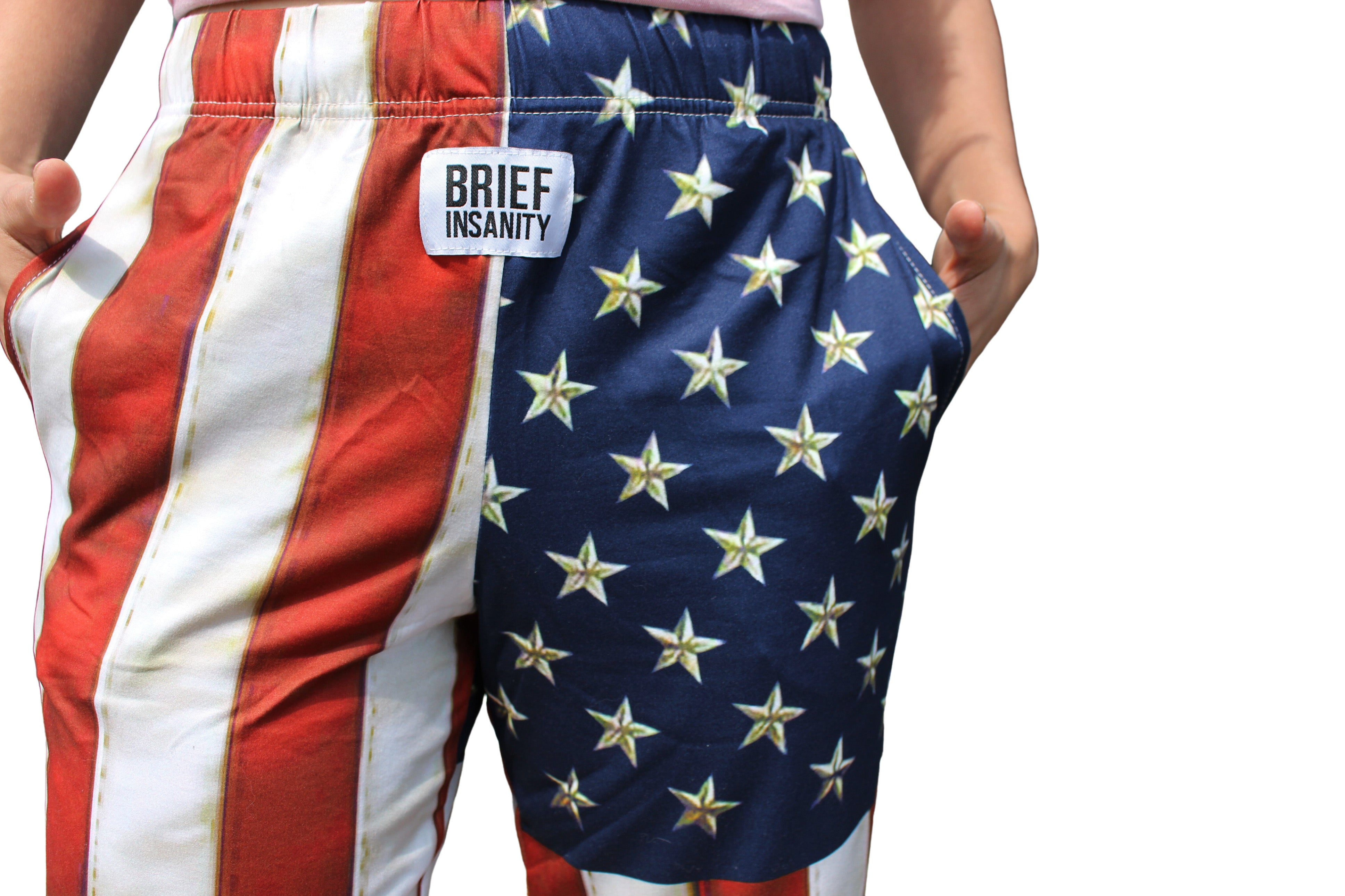 American Flag Pajama Lounge Pants front close up view on model
