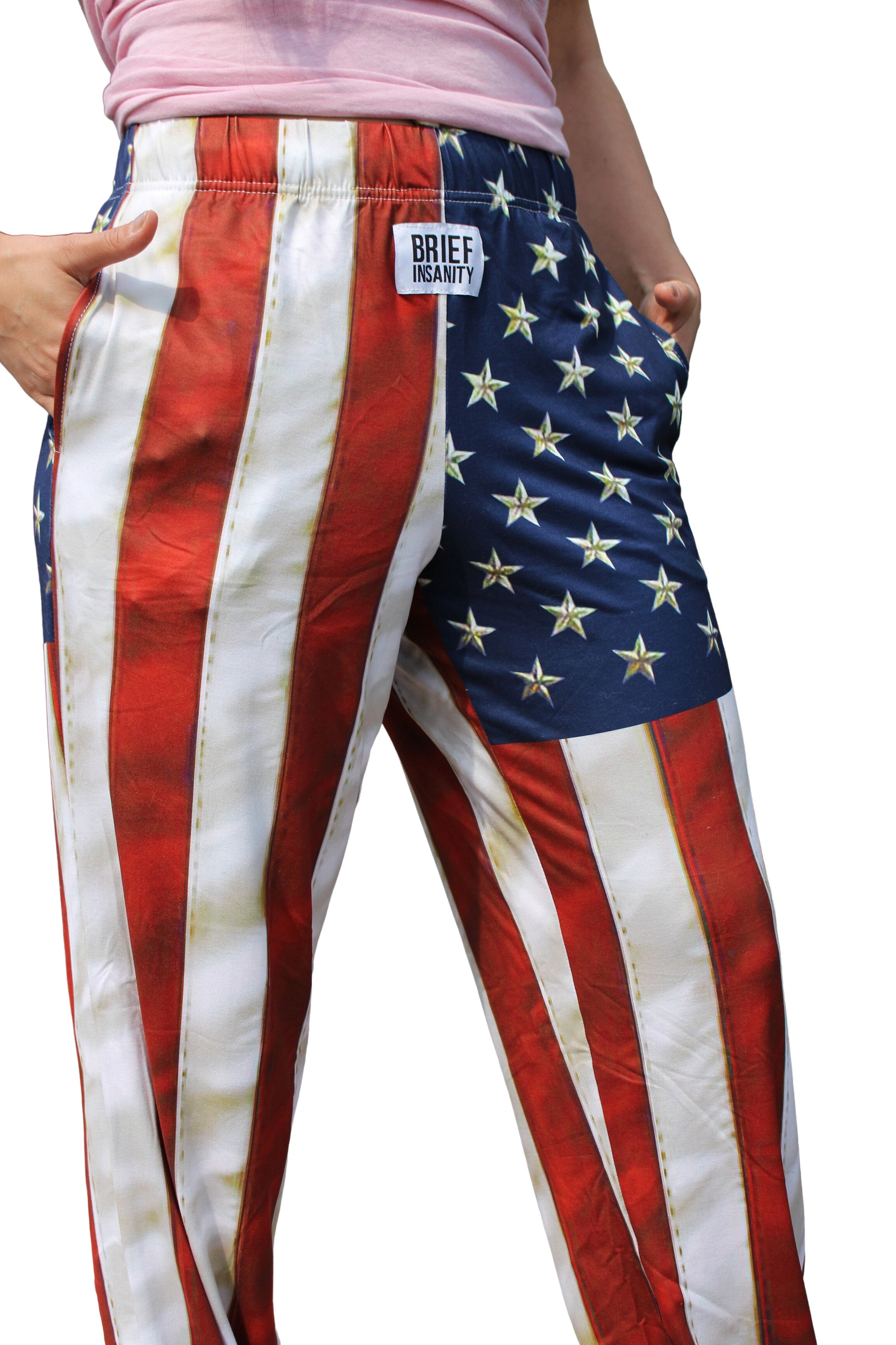 American Flag Pajama Lounge Pants side angle/front view on model