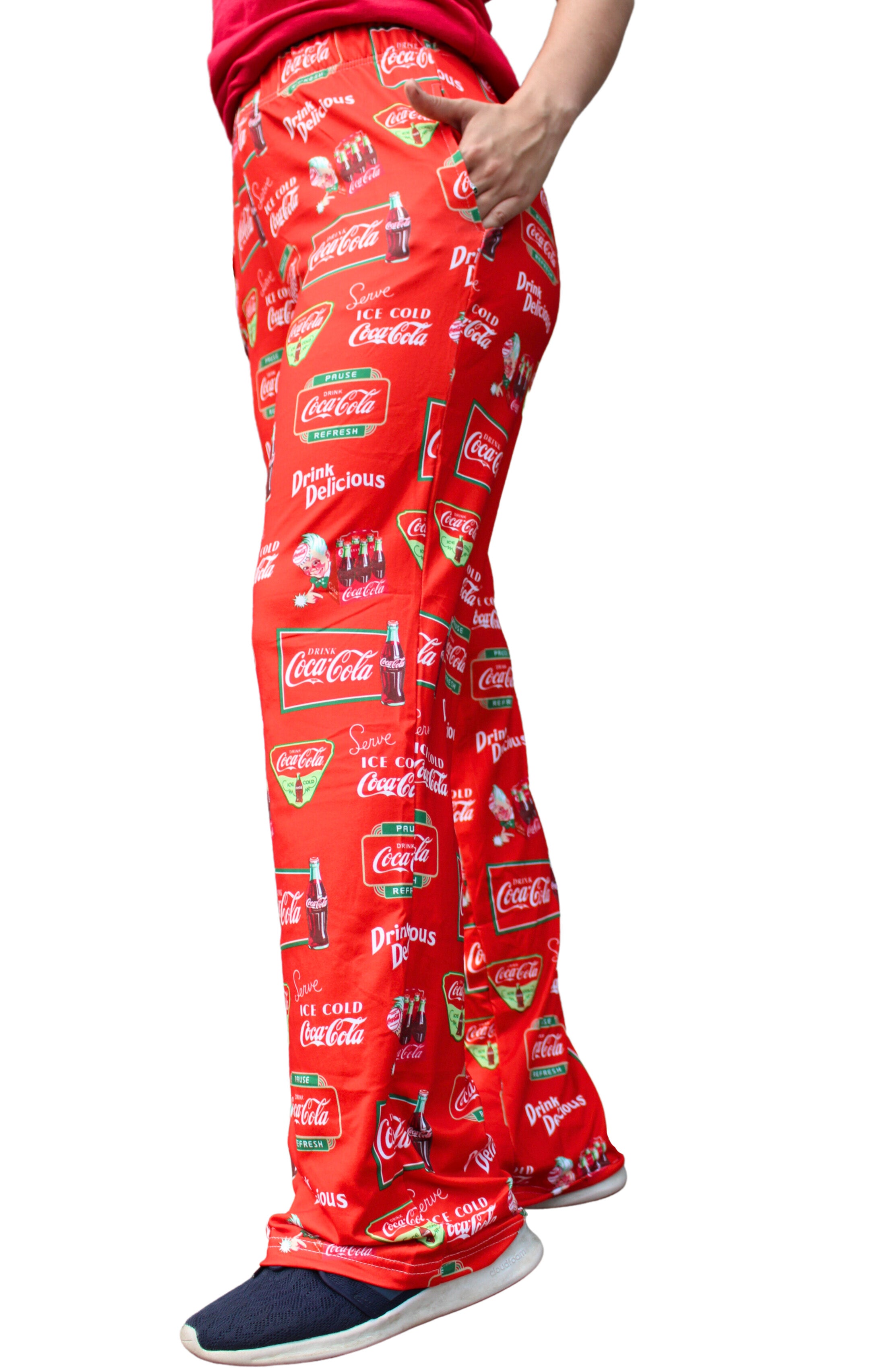 Coca-Cola Retro Pattern Pajama Lounge Pants on model left side view waist down