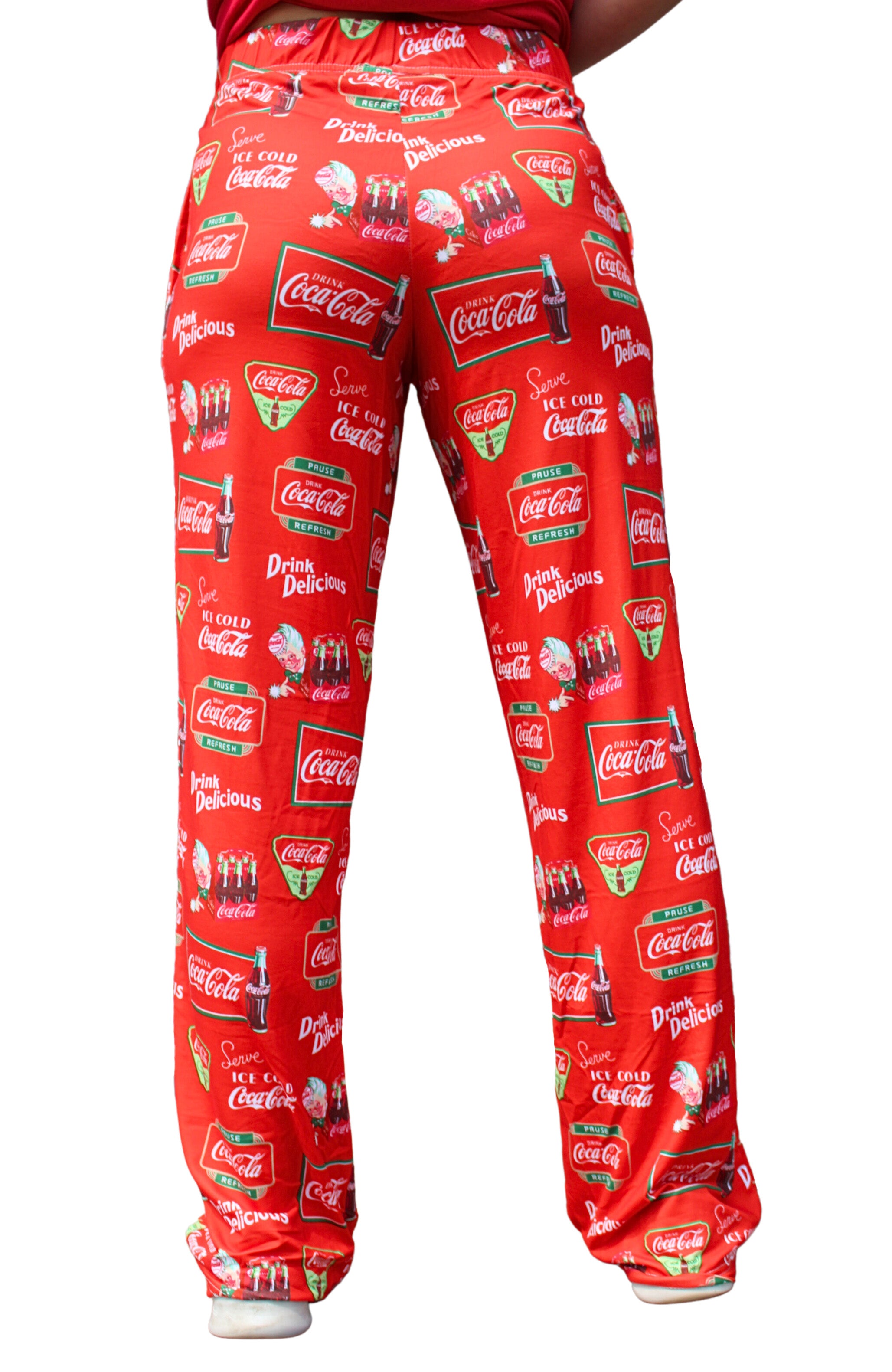Coca-Cola Retro Pattern Pajama Lounge Pants on model back view waist down