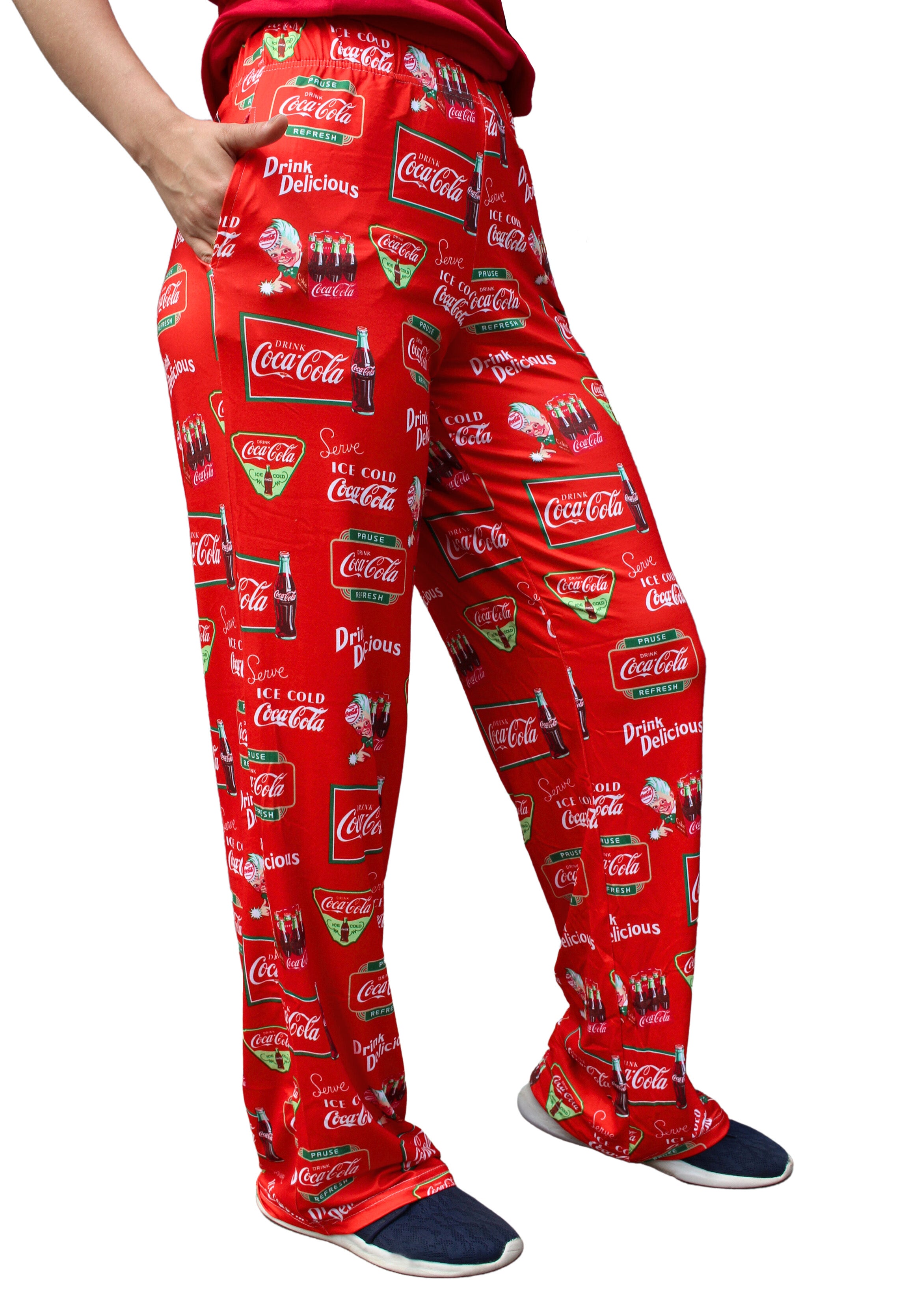 Coca-Cola Retro Pattern Pajama Lounge Pants on model right side view waist down