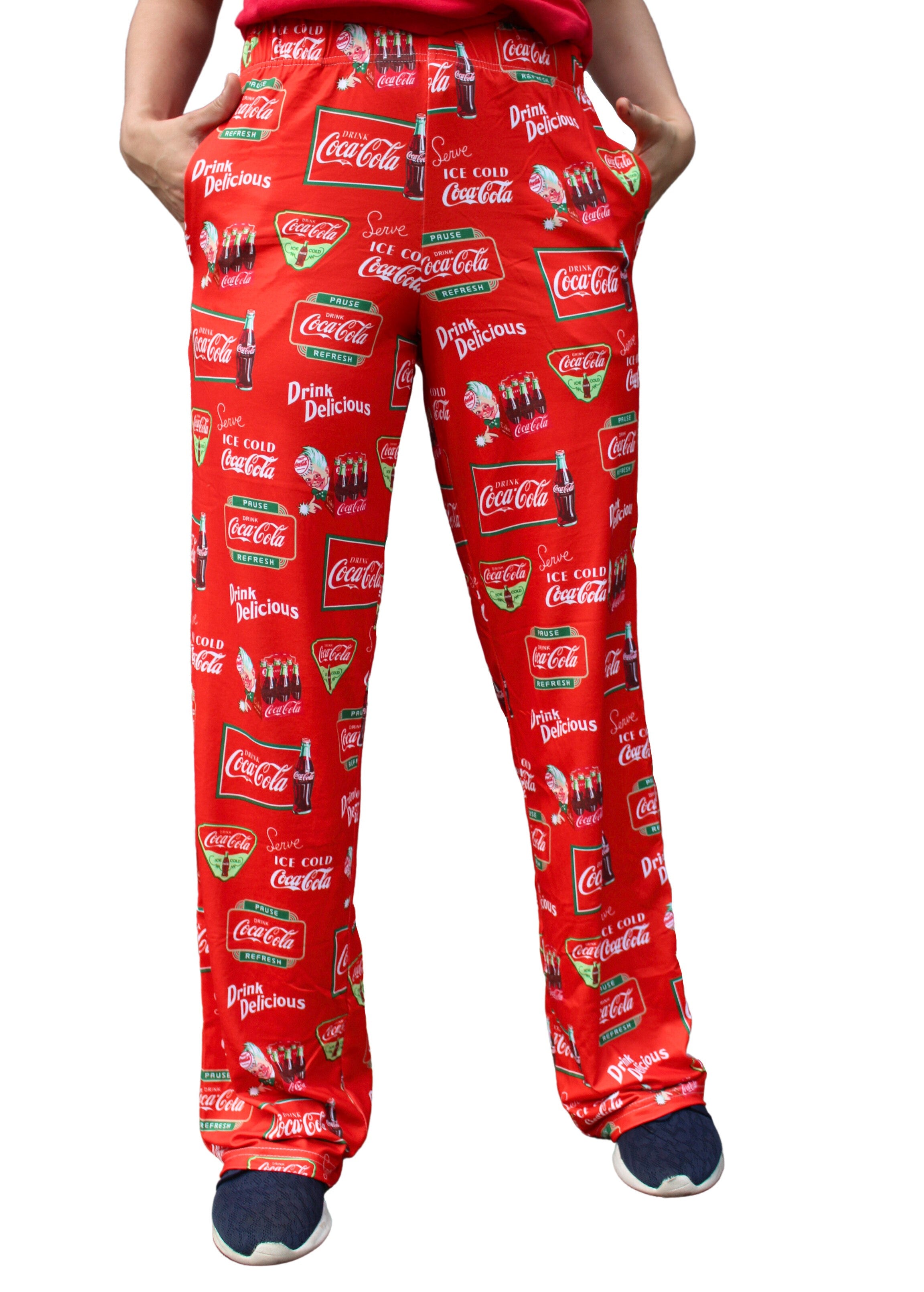 Coca-Cola Retro Pattern Pajama Lounge Pants on model front view waist down