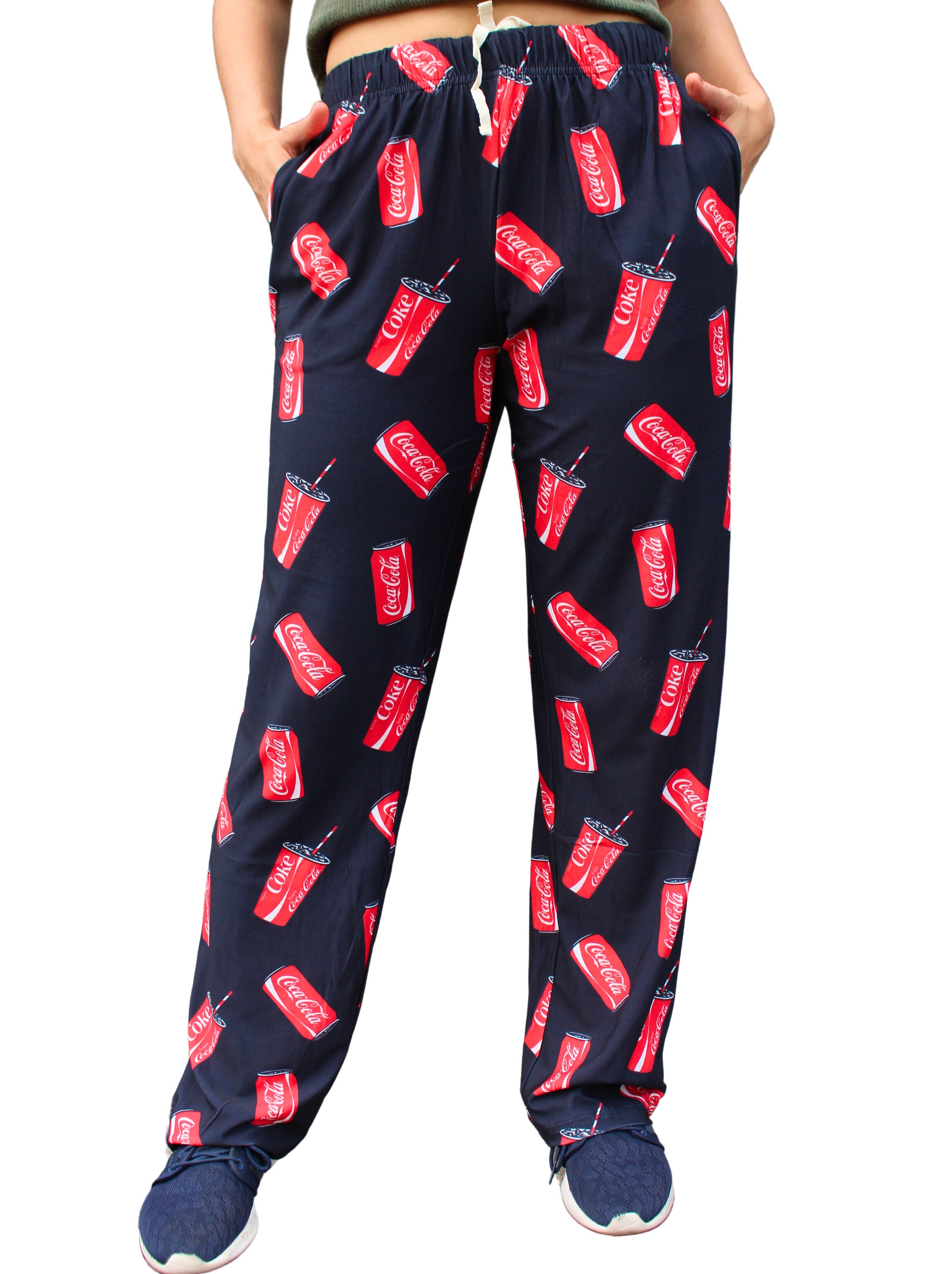 Coca-Cola Can & Cup Pattern Pajama Lounge Pants on model front view shot 2