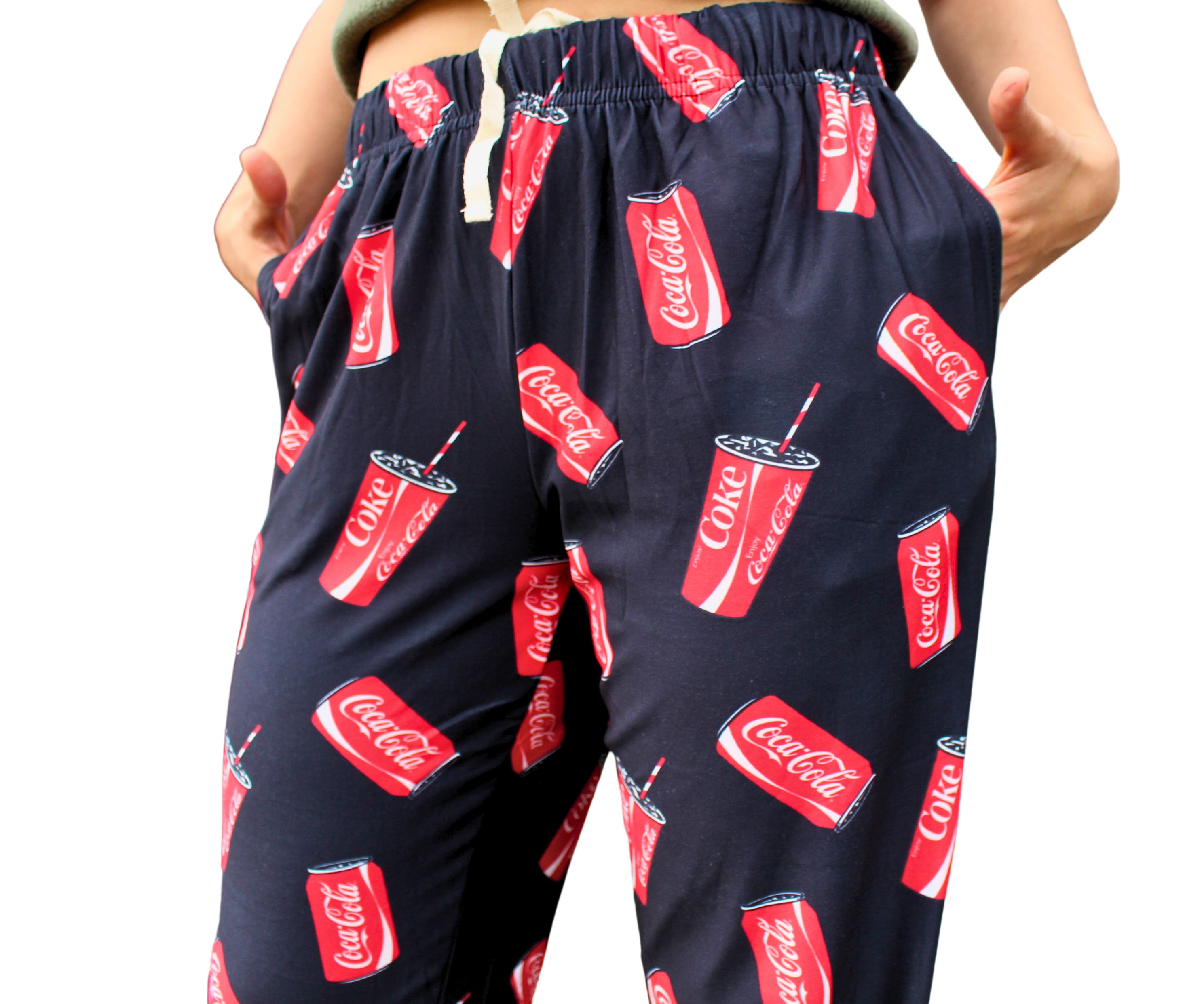 Coca-Cola Can & Cup Pattern Pajama Lounge Pants on model close up front view
