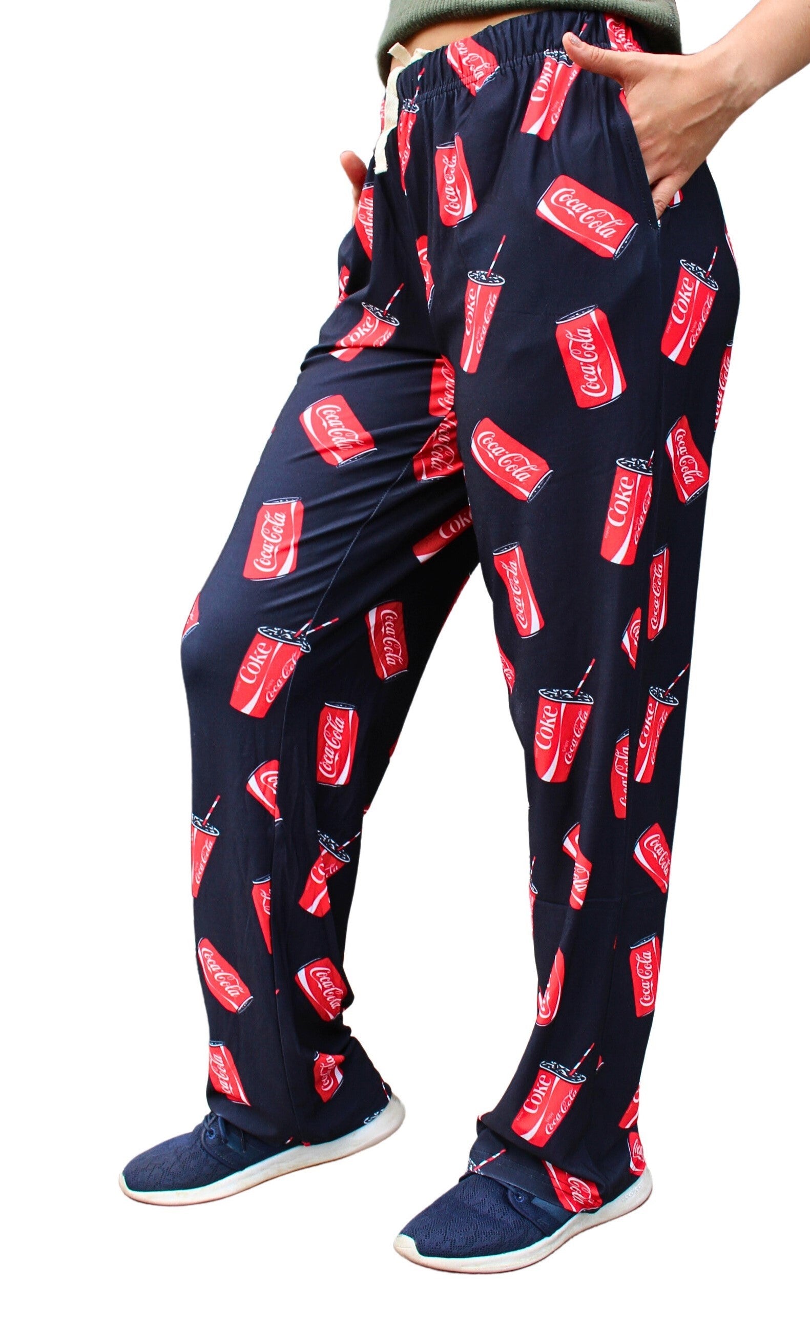 Coca-Cola Can & Cup Pattern Pajama Lounge Pants on model left side view shot 2