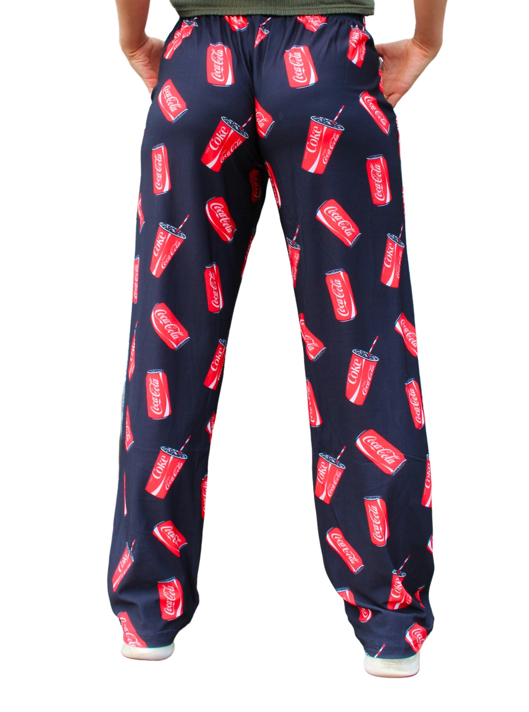 Coca-Cola Can & Cup Pattern Pajama Lounge Pants on model back view