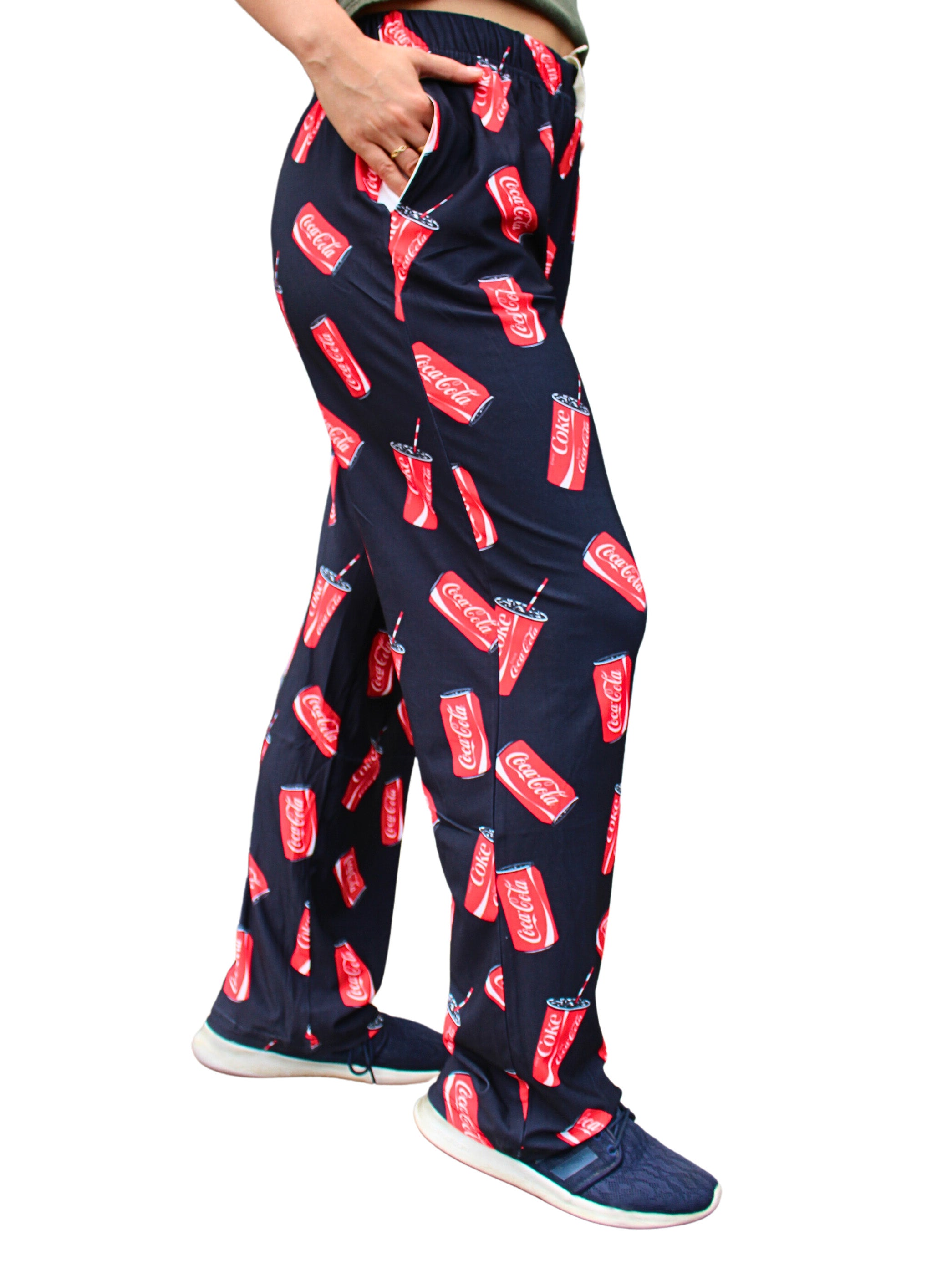 Coca-Cola Can & Cup Pattern Pajama Lounge Pants on model right side view shot 2