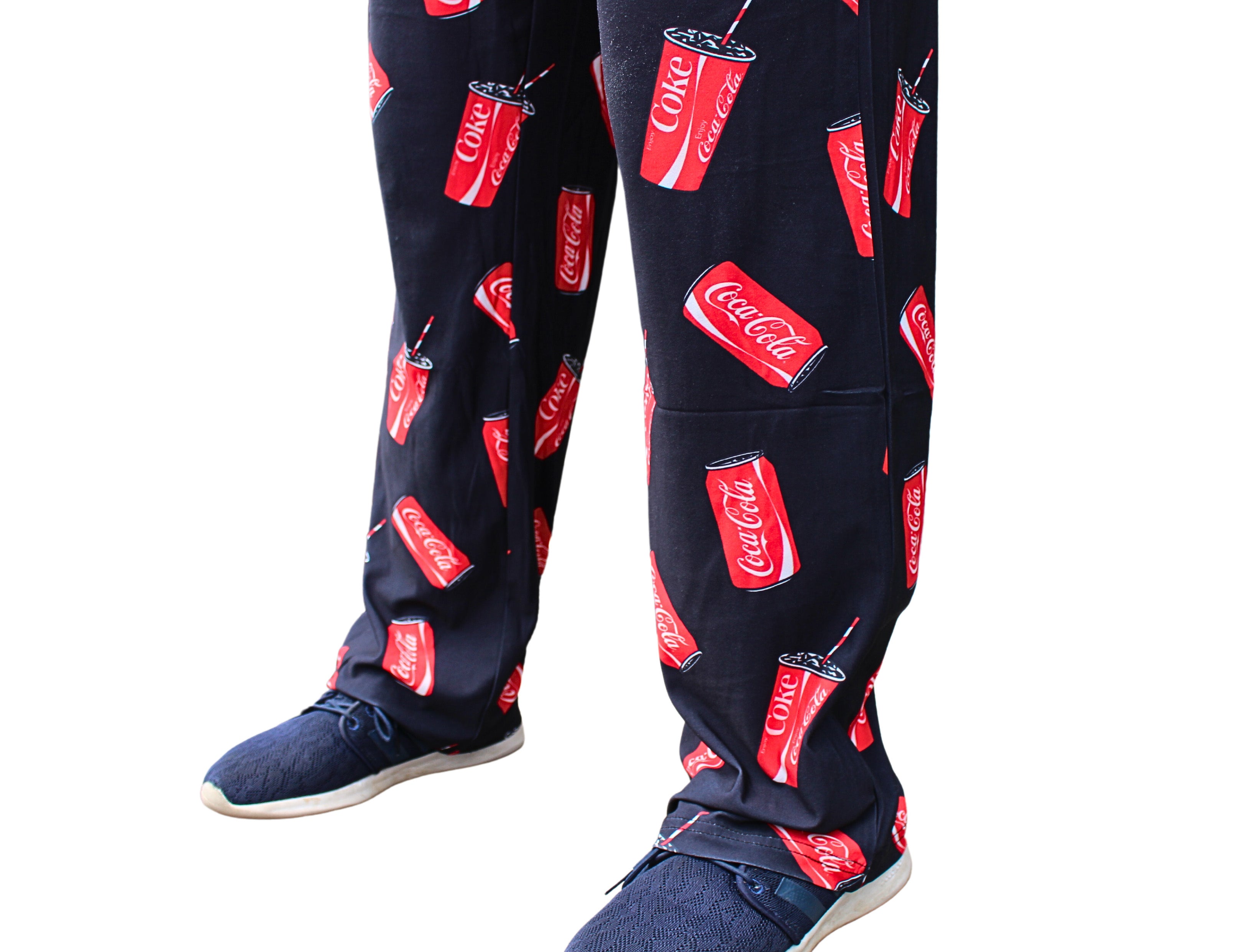 Coca-Cola Can & Cup Pattern Pajama Lounge Pants on model close up view of bottom of pants