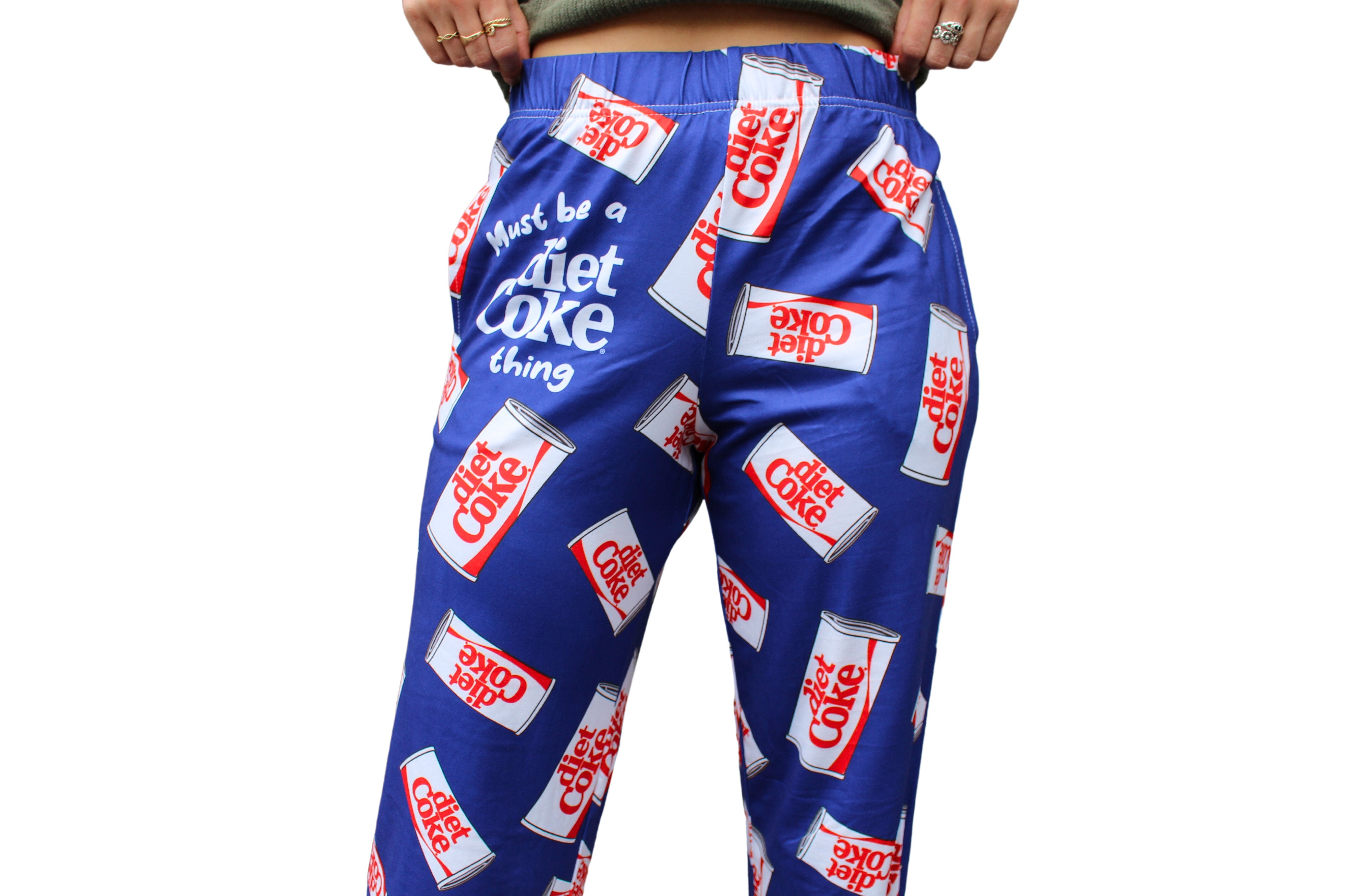 Diet Coke Pajama Lounge Pants on model close up front view