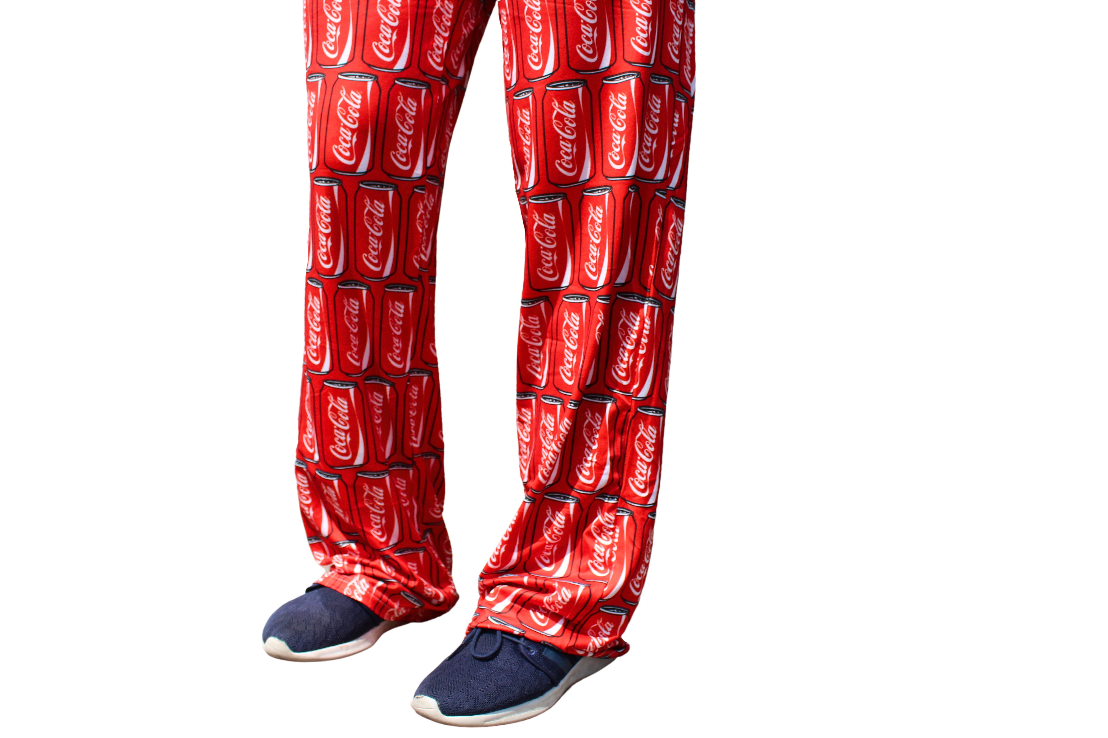 Coca-Cola Can Pattern Pajama Lounge Pants on model close up view of bottom of pants