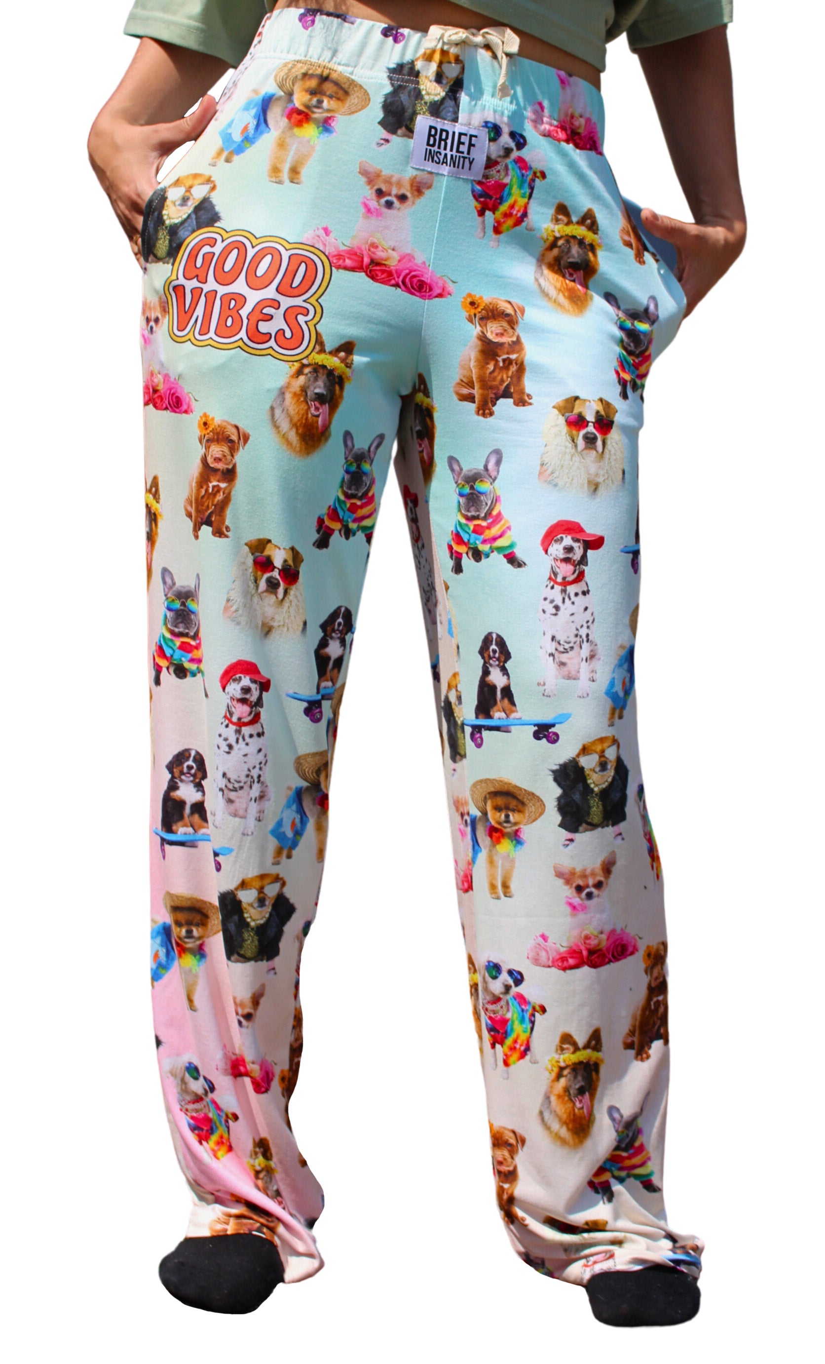 Good Vibes Dog Pajama Lounge Pants on model front view (waist down)