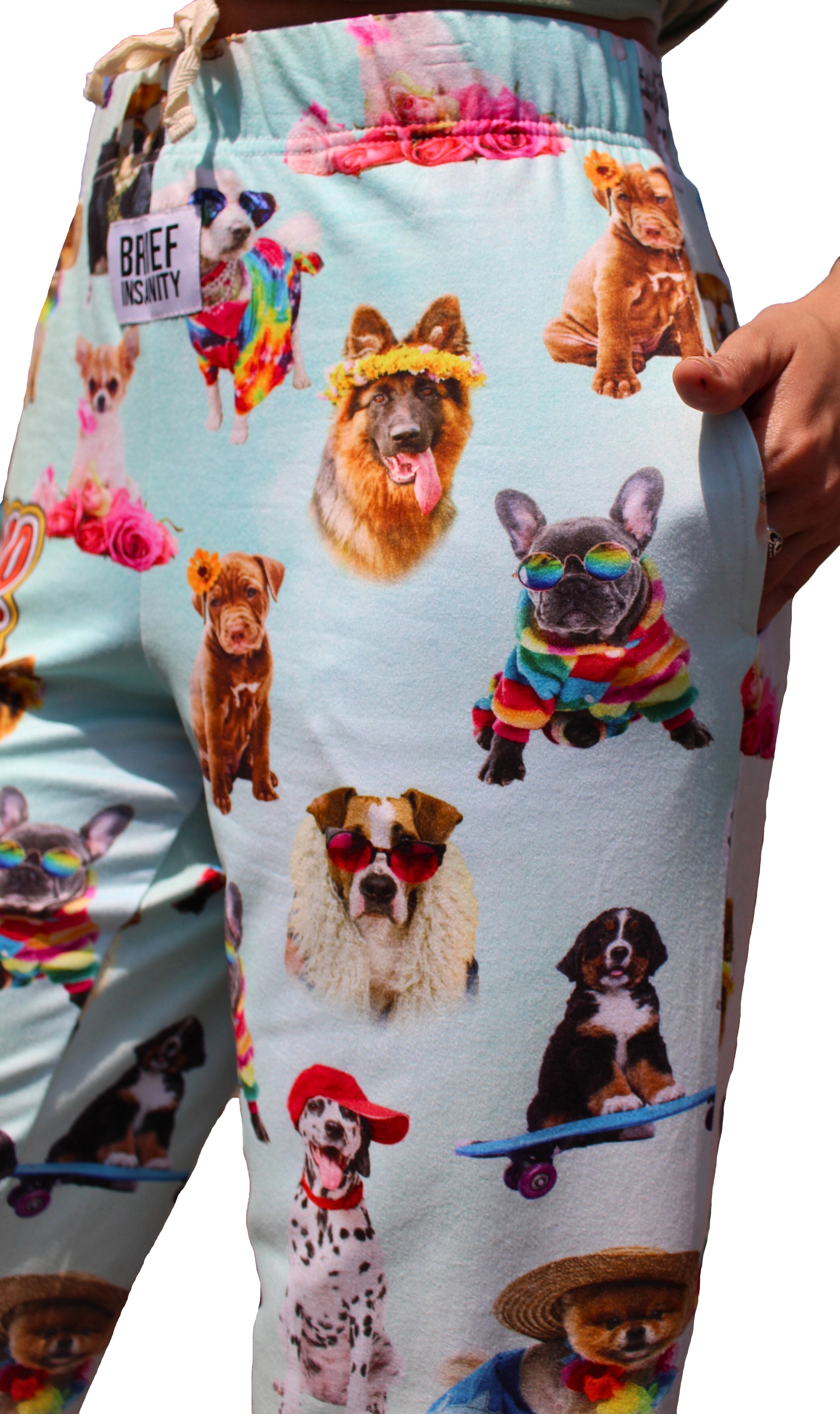 Good Vibes Dog Pajama Lounge Pants on model close up view of dog pattern on left pant side
