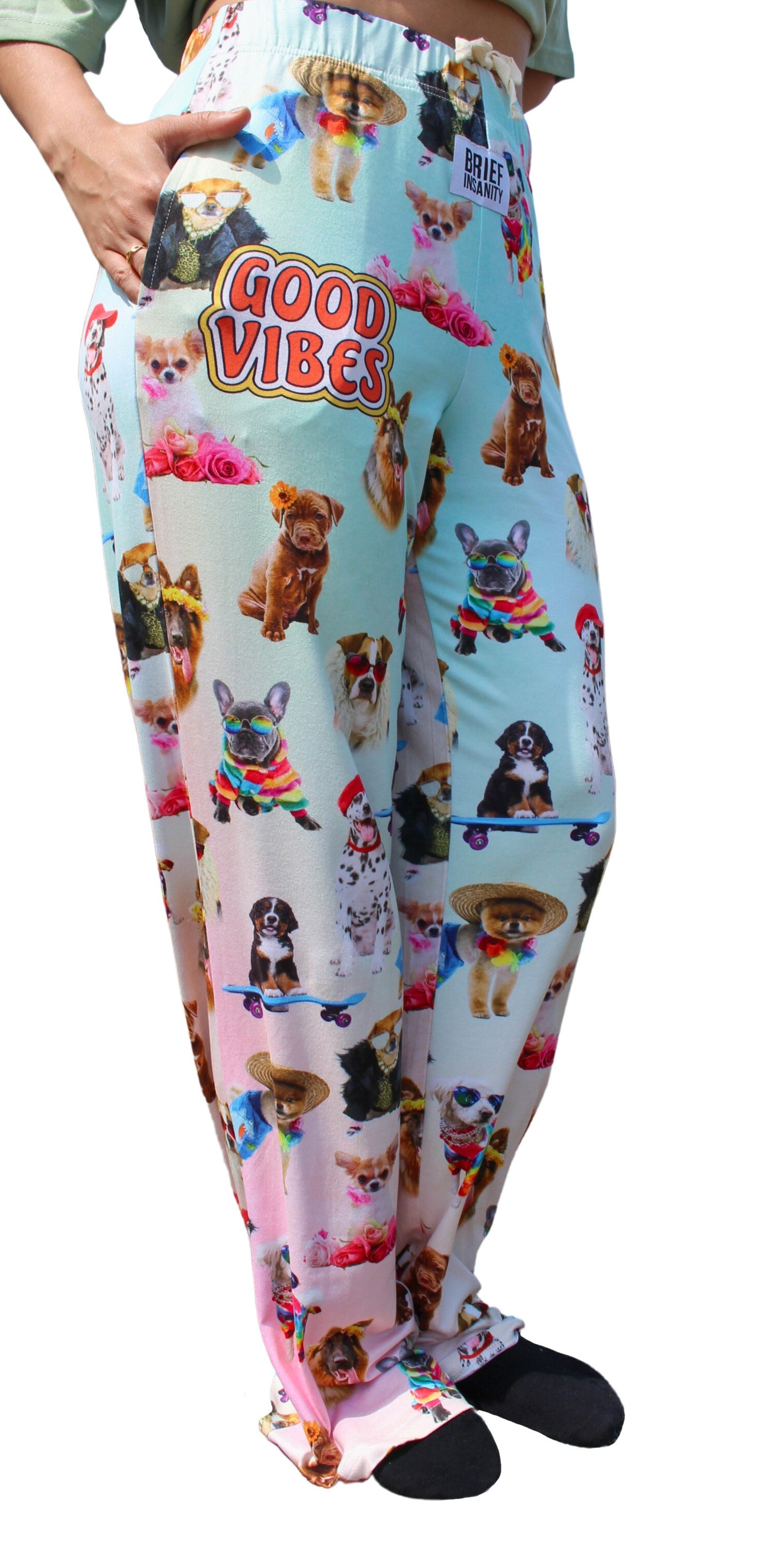 Good Vibes Dog Pajama Lounge Pants on model right side view (waist down)