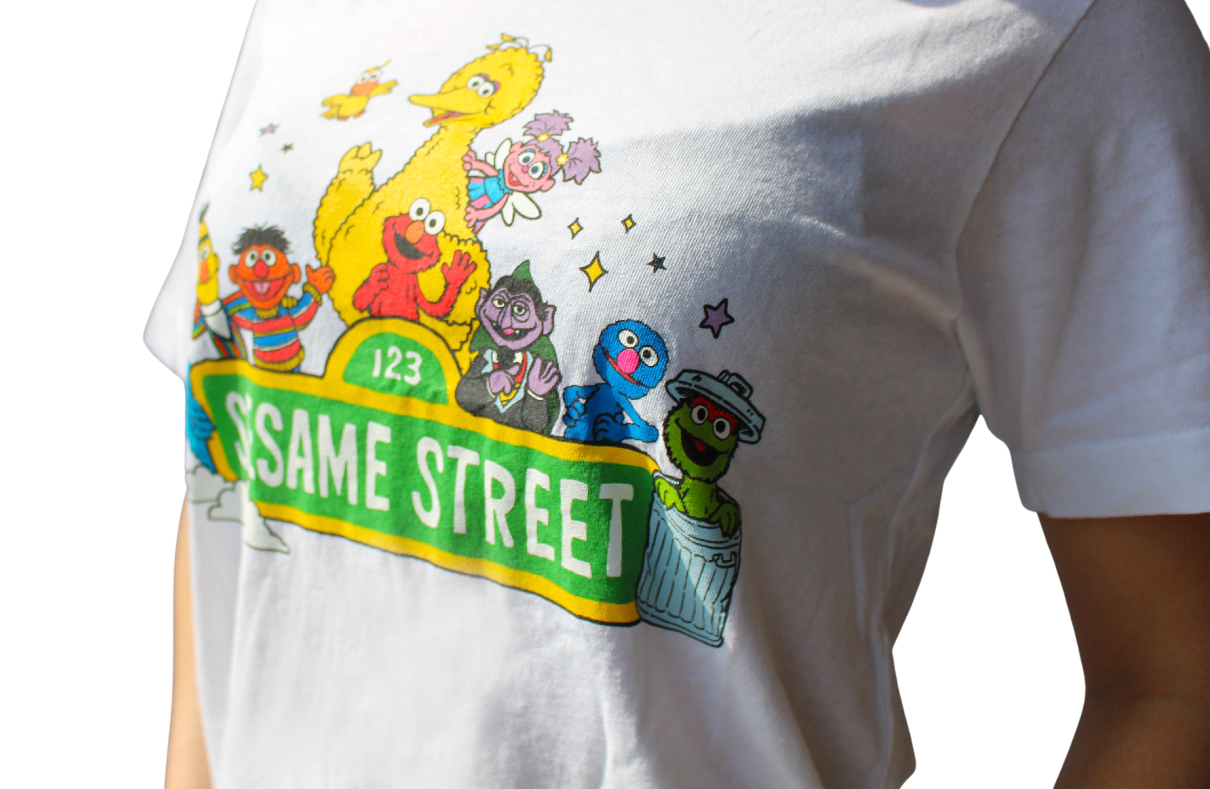 Sesame Street shirt on model close up view of graphics (Sesame Street characters)