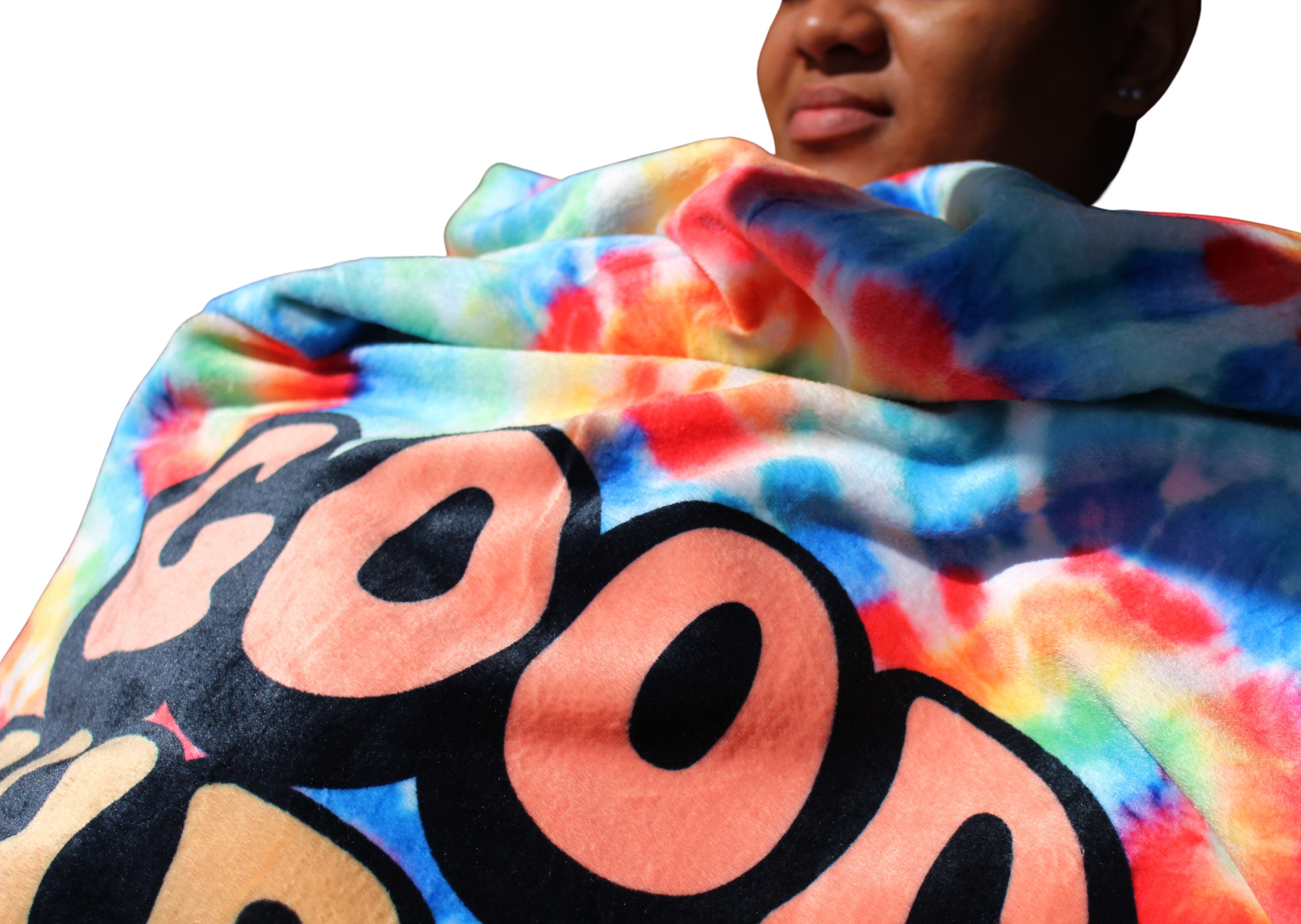 Good Vibes Only blanket over model close up