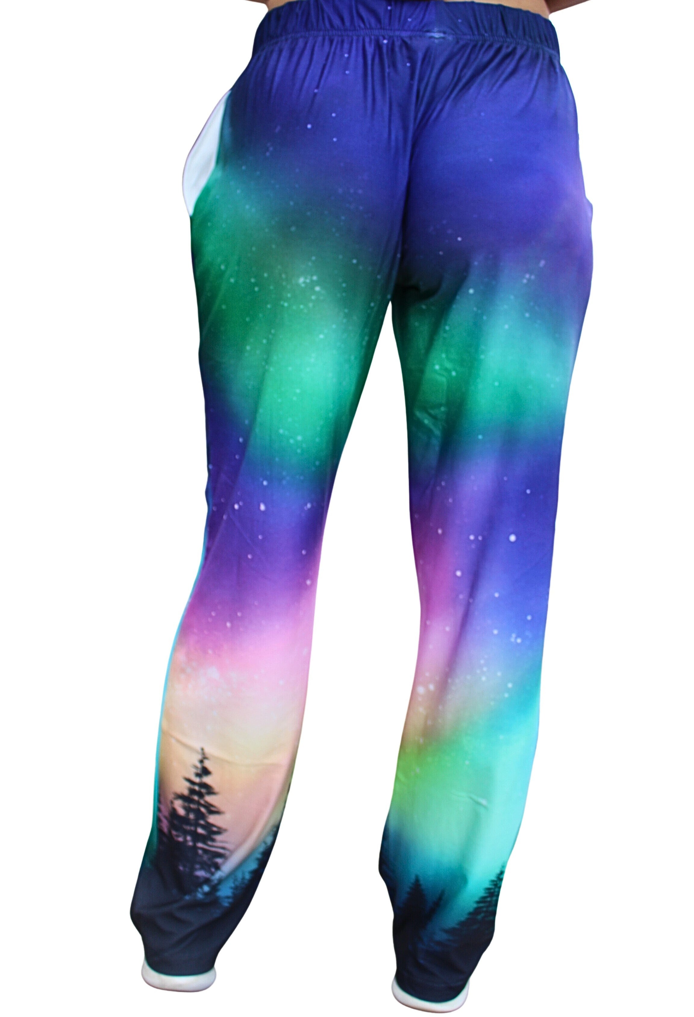 Back view of BRIEF INSANITY Northern Lights Pajama Lounge Pants on model