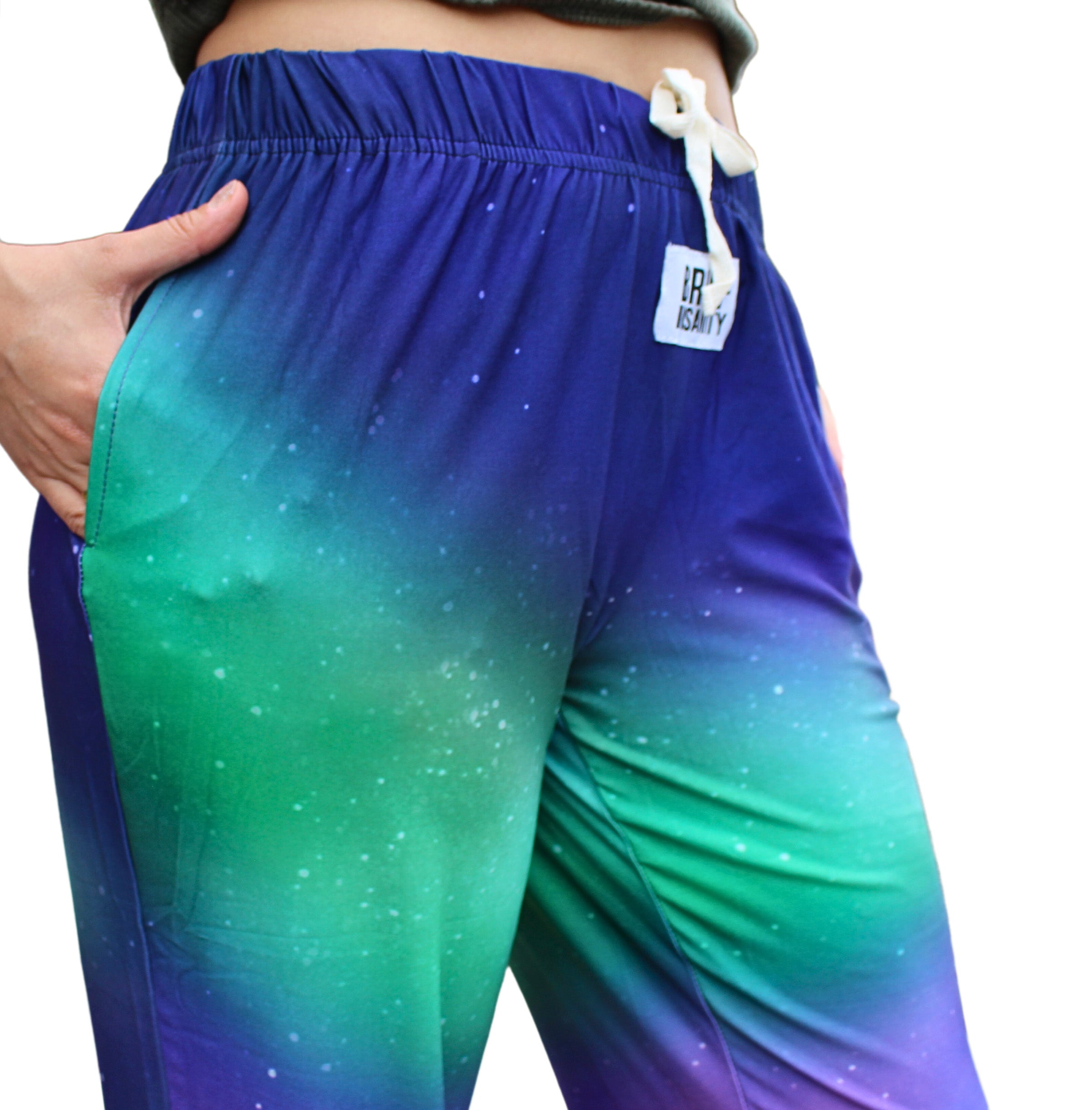 hand in pocket of BRIEF INSANITY Northern Lights Pajama Lounge Pants and drawstring