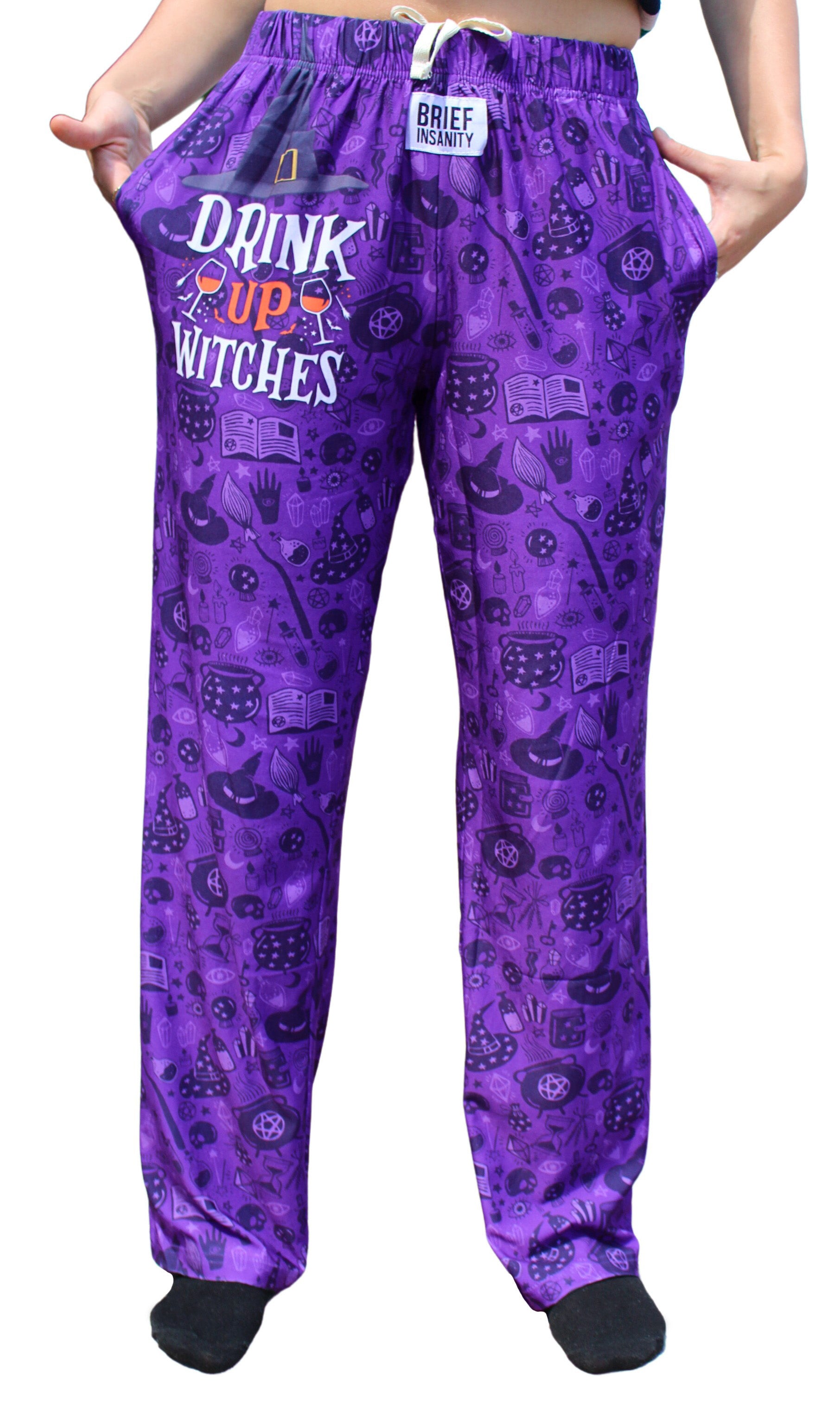 Drink Up Witches Pajama Lounge Pants front view on model (waist down)