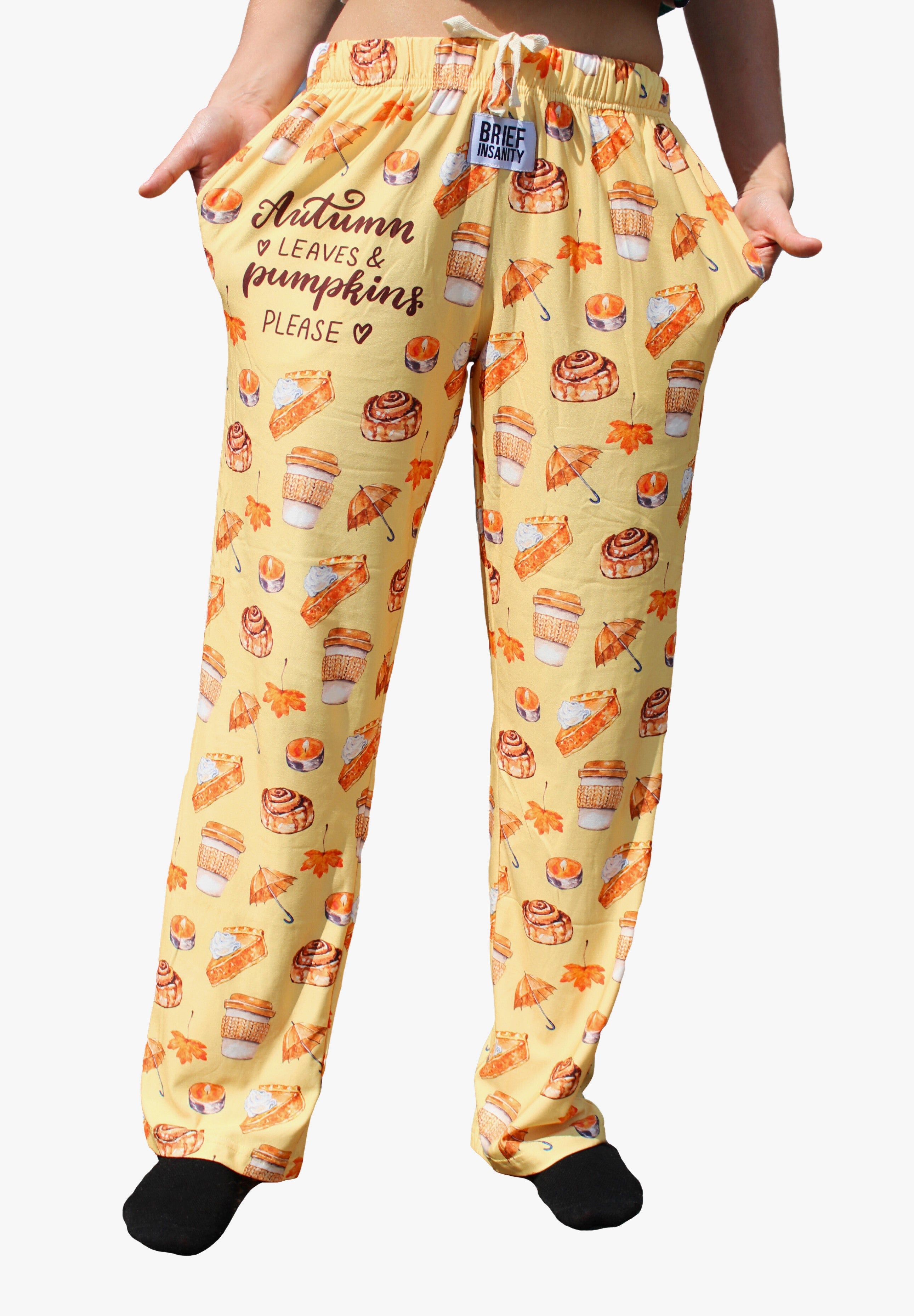 Autumn Leaves and Pumpkins Please Pajama Lounge Pants front view on model (waist down)