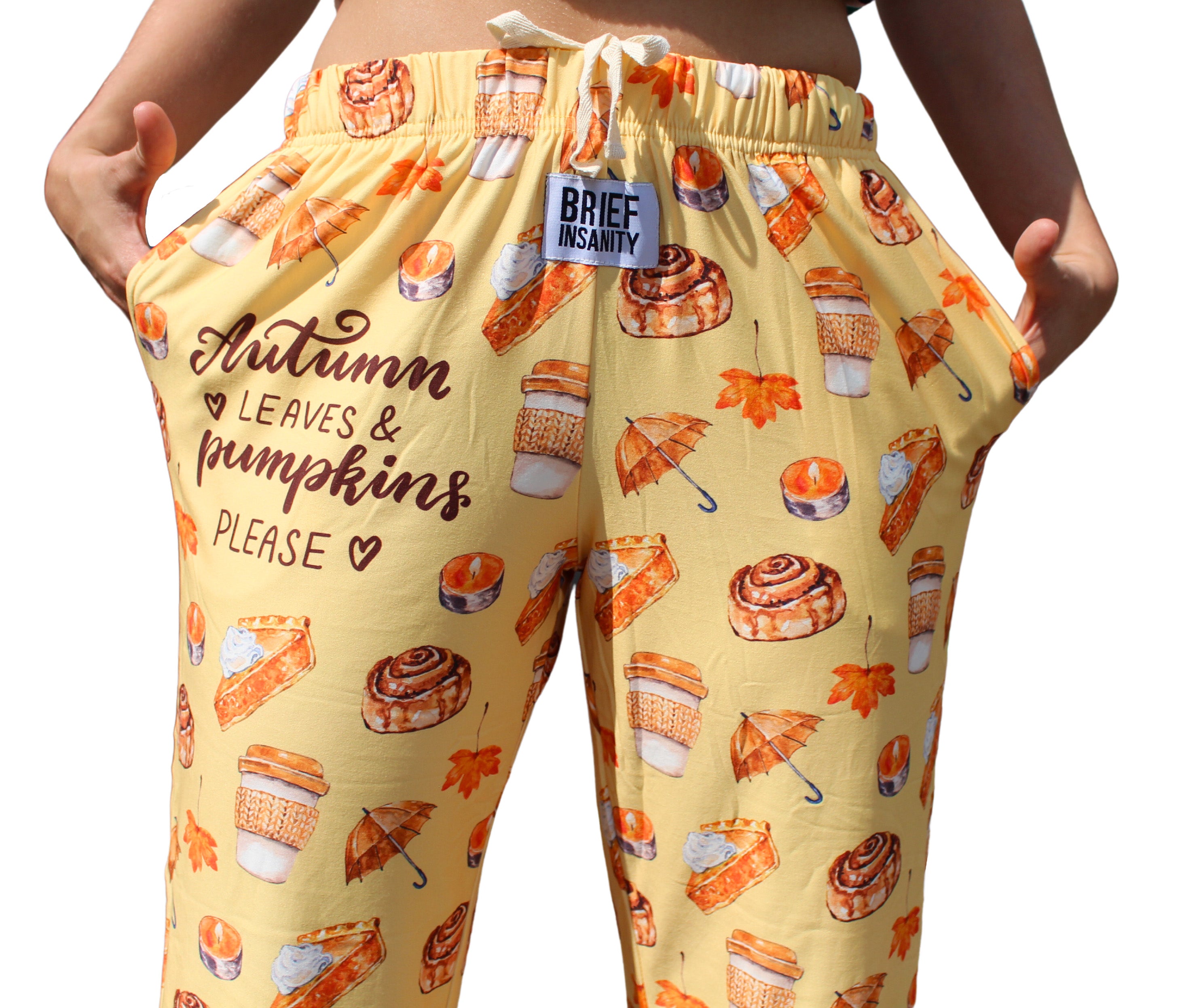 Autumn Leaves and Pumpkins Please Pajama Lounge Pants close up front view on model (waist down)
