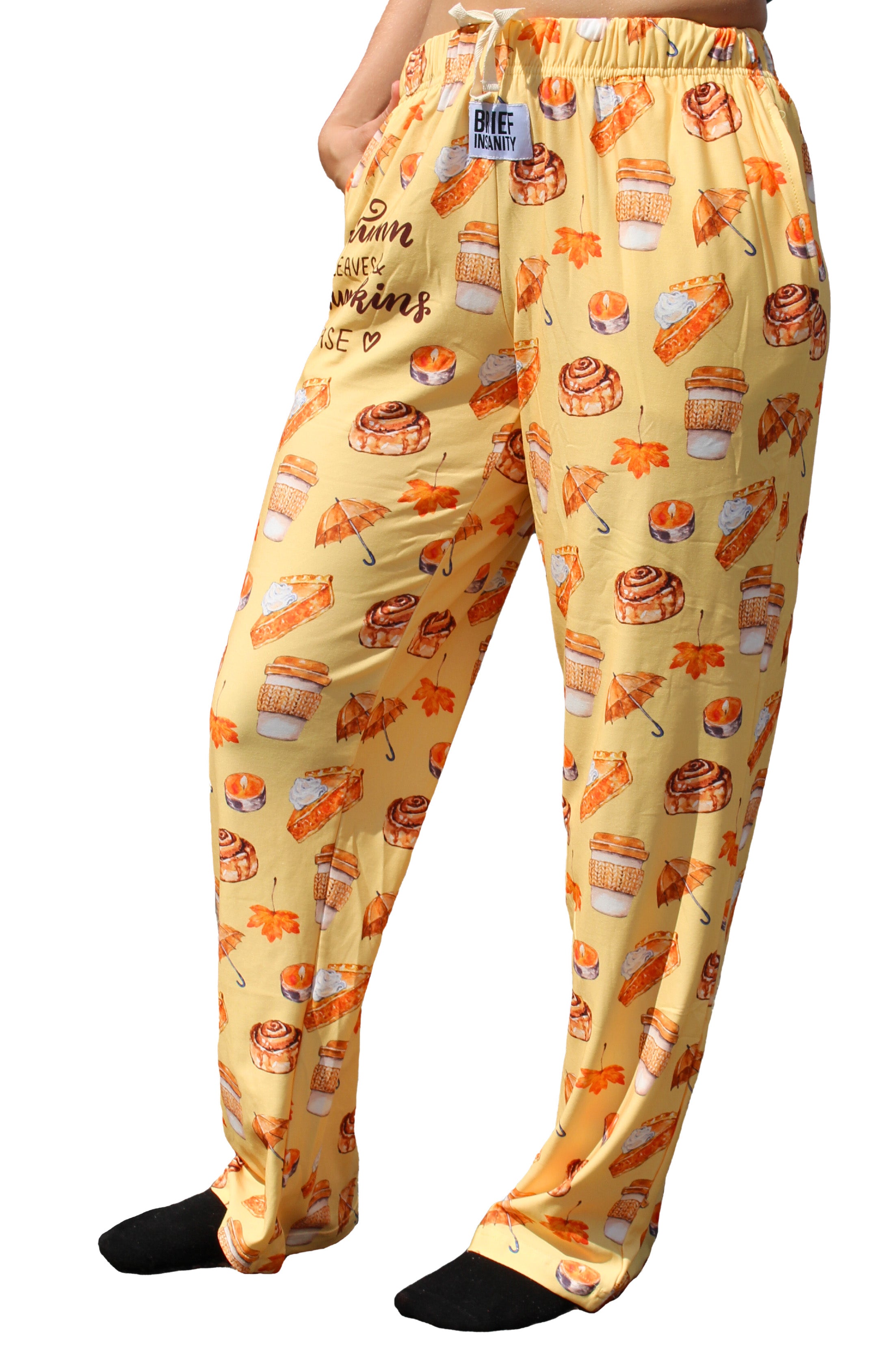 Autumn Leaves and Pumpkins Please Pajama Lounge Pants left side view on model (waist down)
