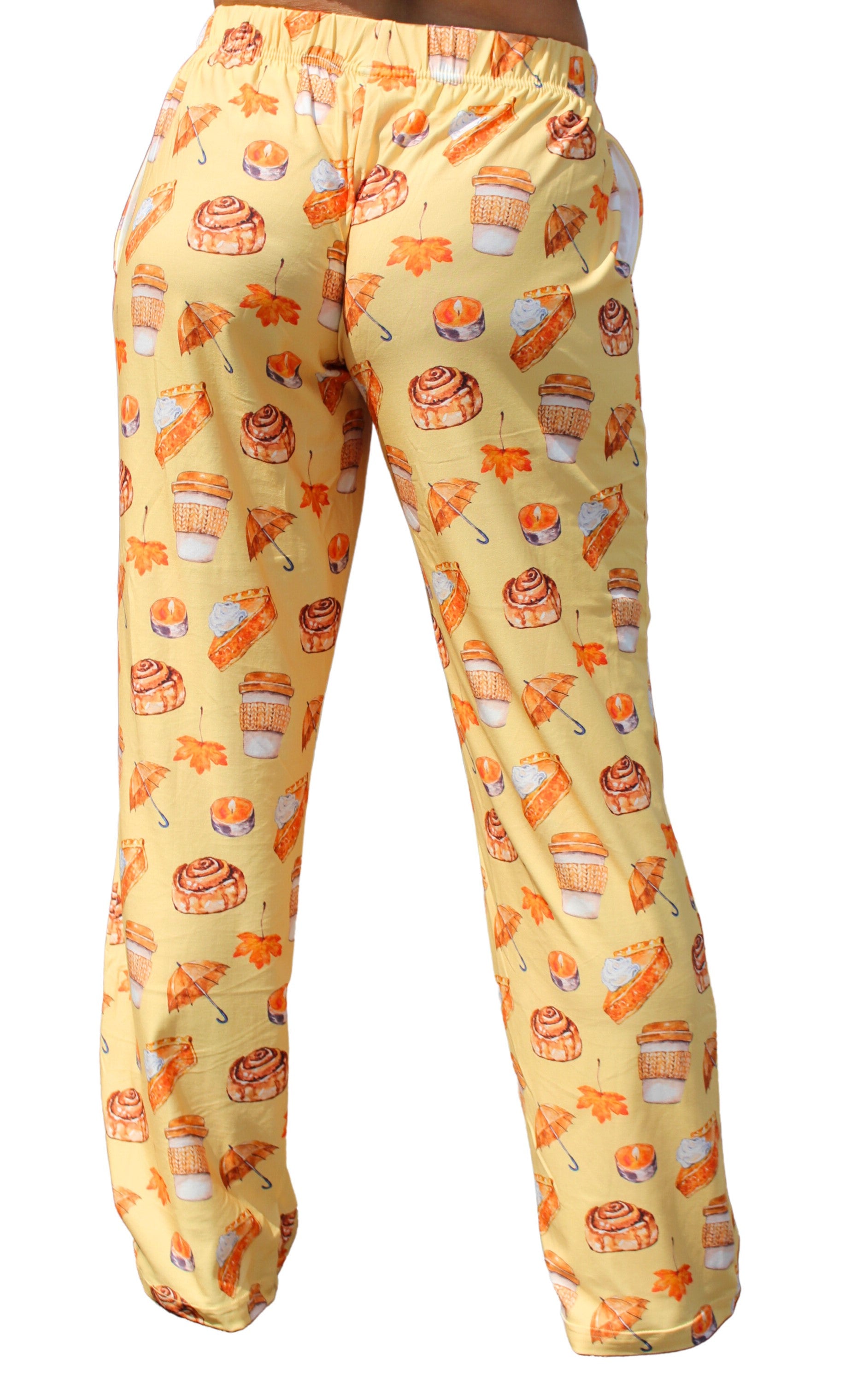 Autumn Leaves and Pumpkins Please Pajama Lounge Pants back view on model (waist down)