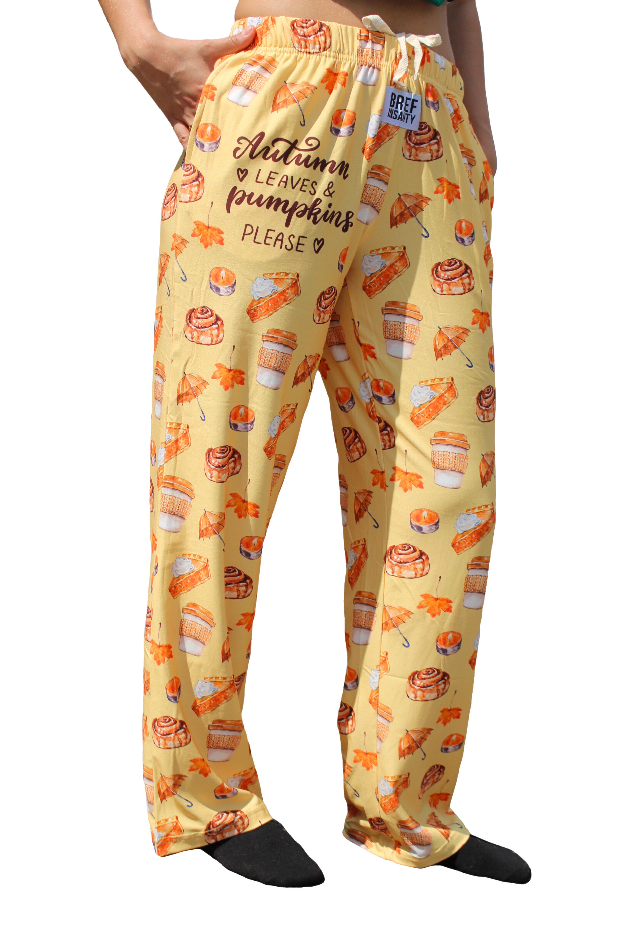Autumn Leaves and Pumpkins Please Pajama Lounge Pants right side view on model (waist down)