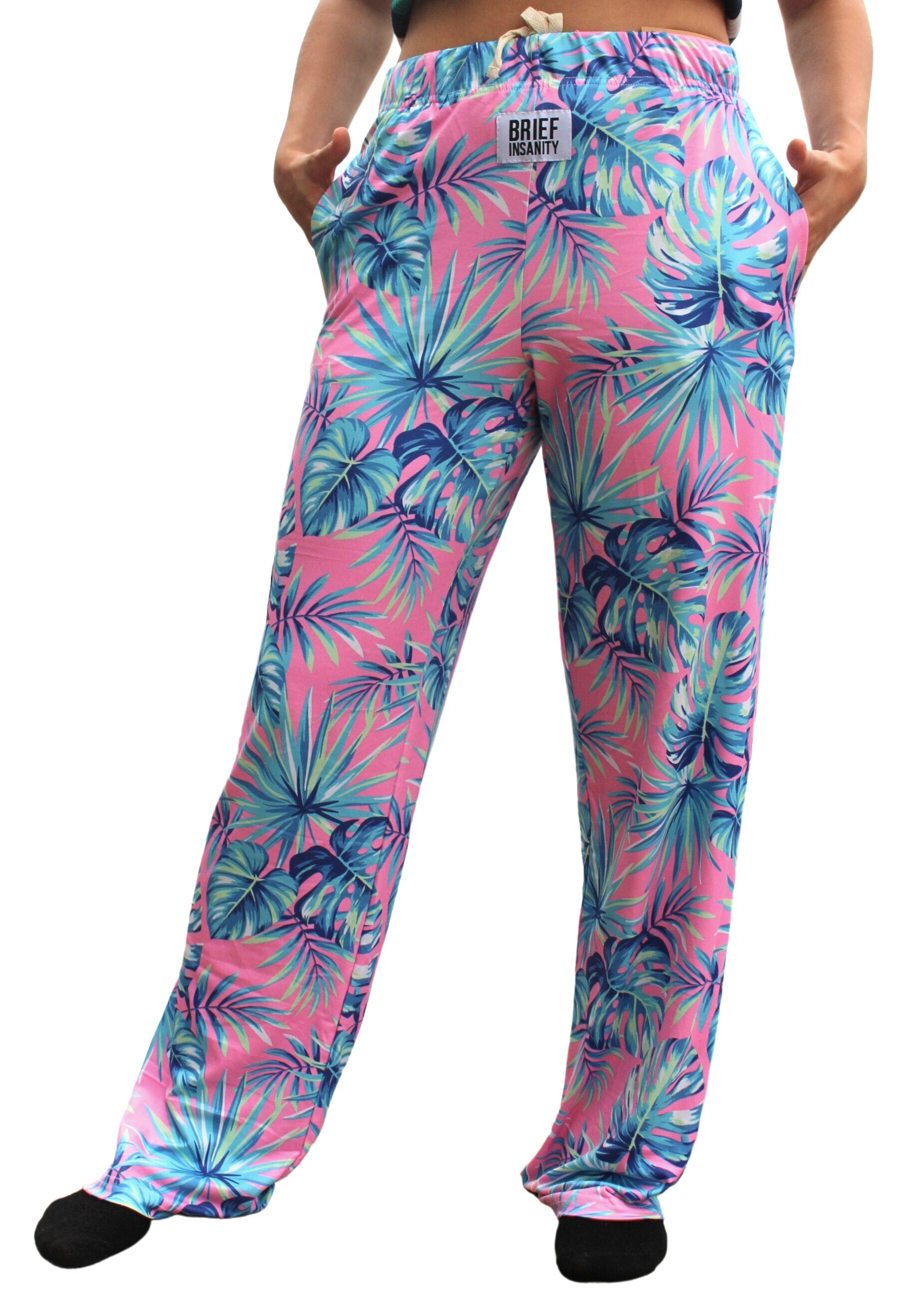 Tropical Leaf Pajama Lounge Pants front view on model (waist down)