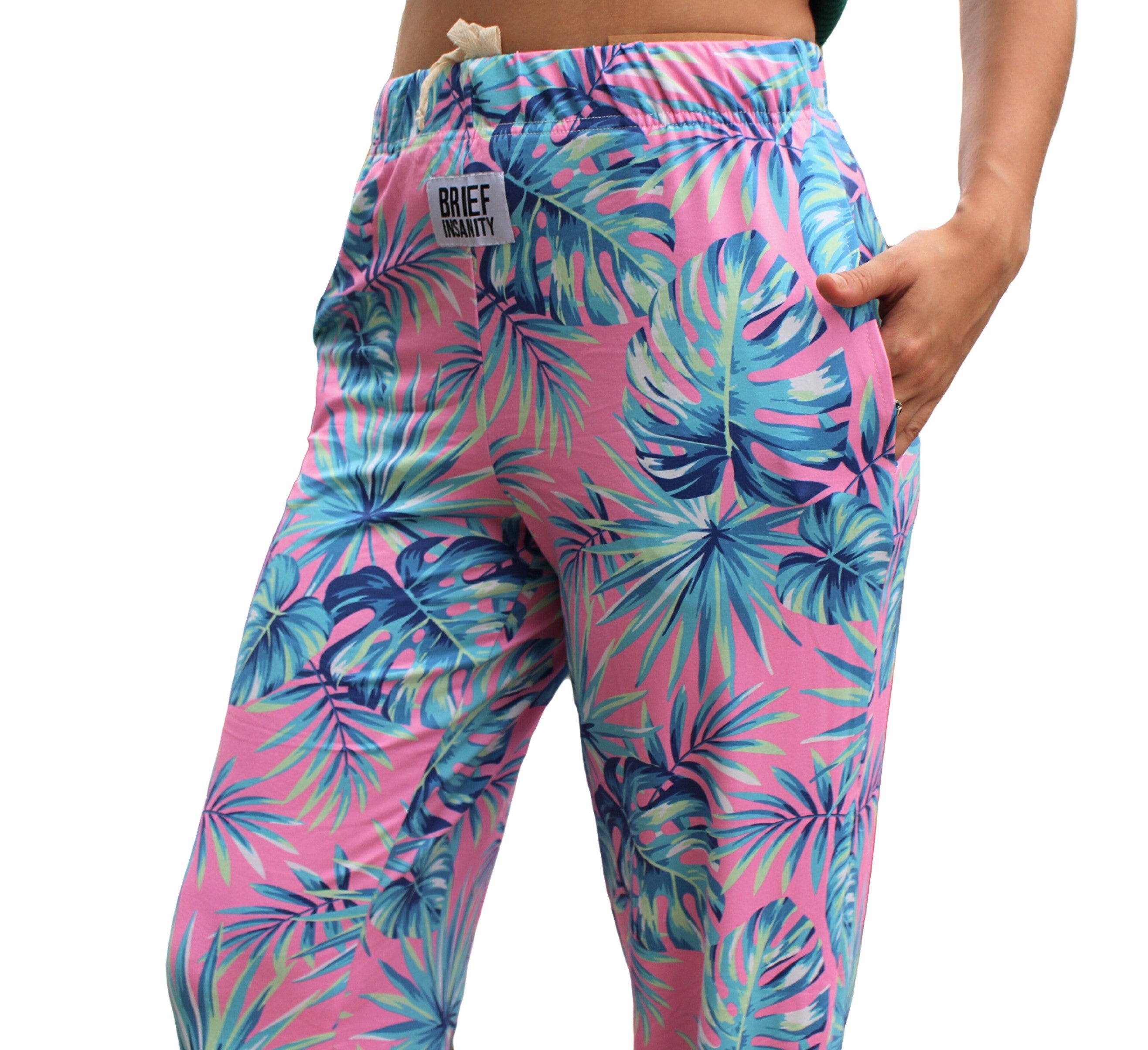 Tropical Leaf Pajama Lounge Pants left side view on model close up (waist down)