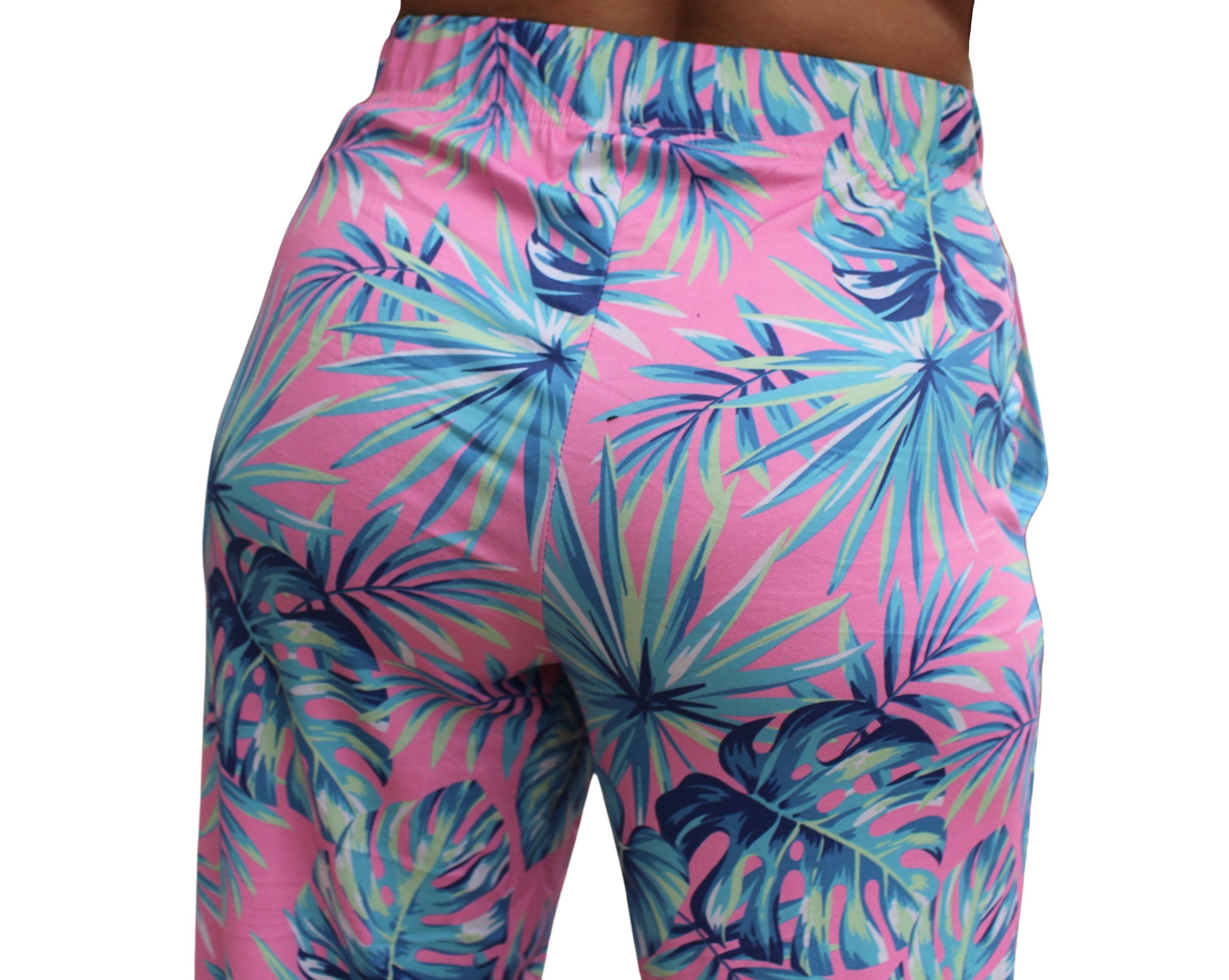 Tropical Leaf Pajama Lounge Pants back view on model close up (waist down)