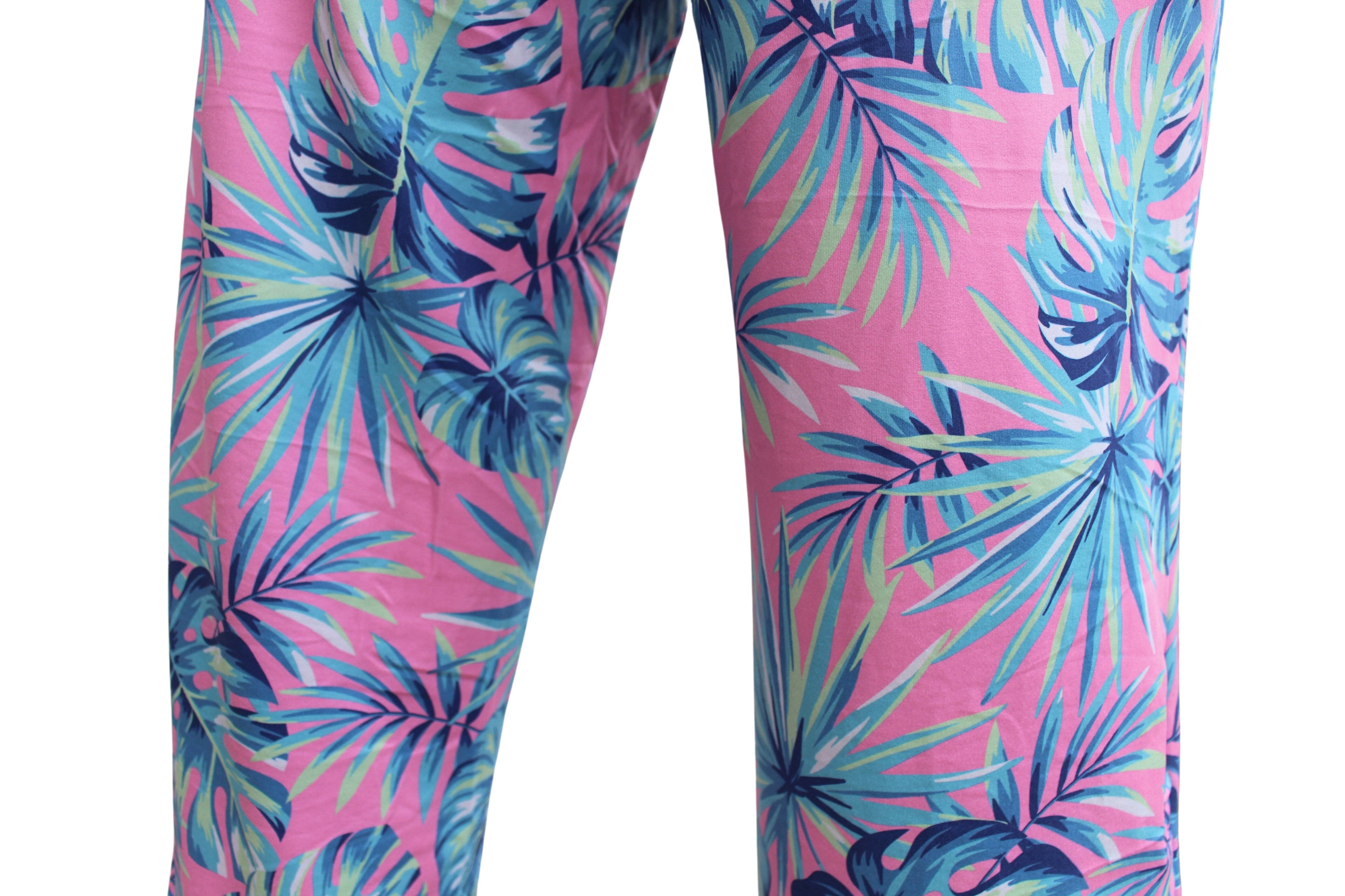 Tropical Leaf Pajama Lounge Pants close up view of tropical leaf pattern