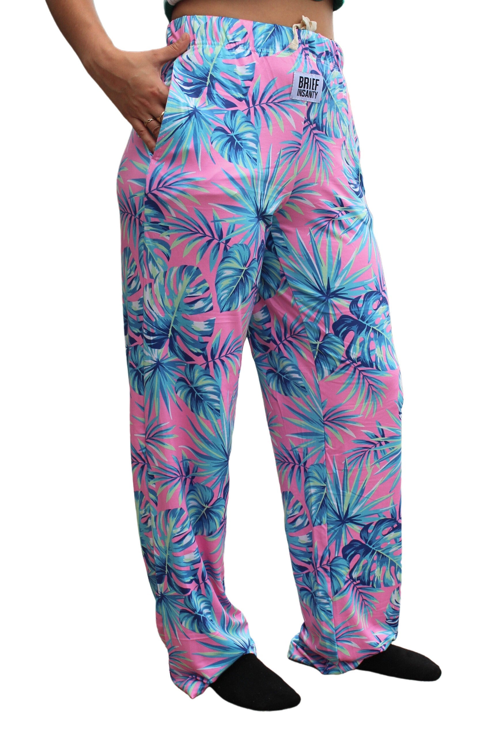 Tropical Leaf Pajama Lounge Pants right side view on model (waist down)