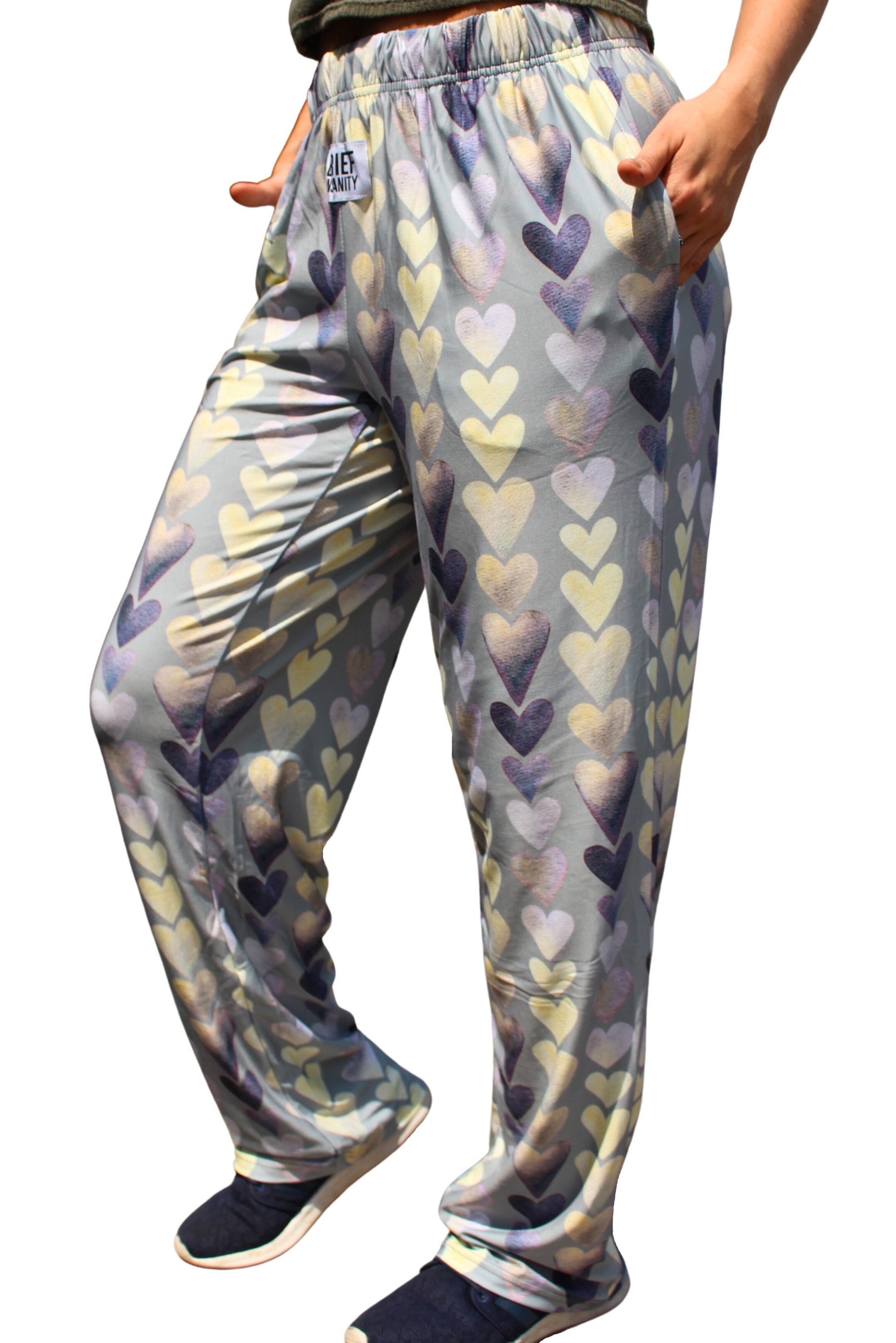 Person modeling BRIEF INSANITY Heart Pattern Pajama Lounge Pants