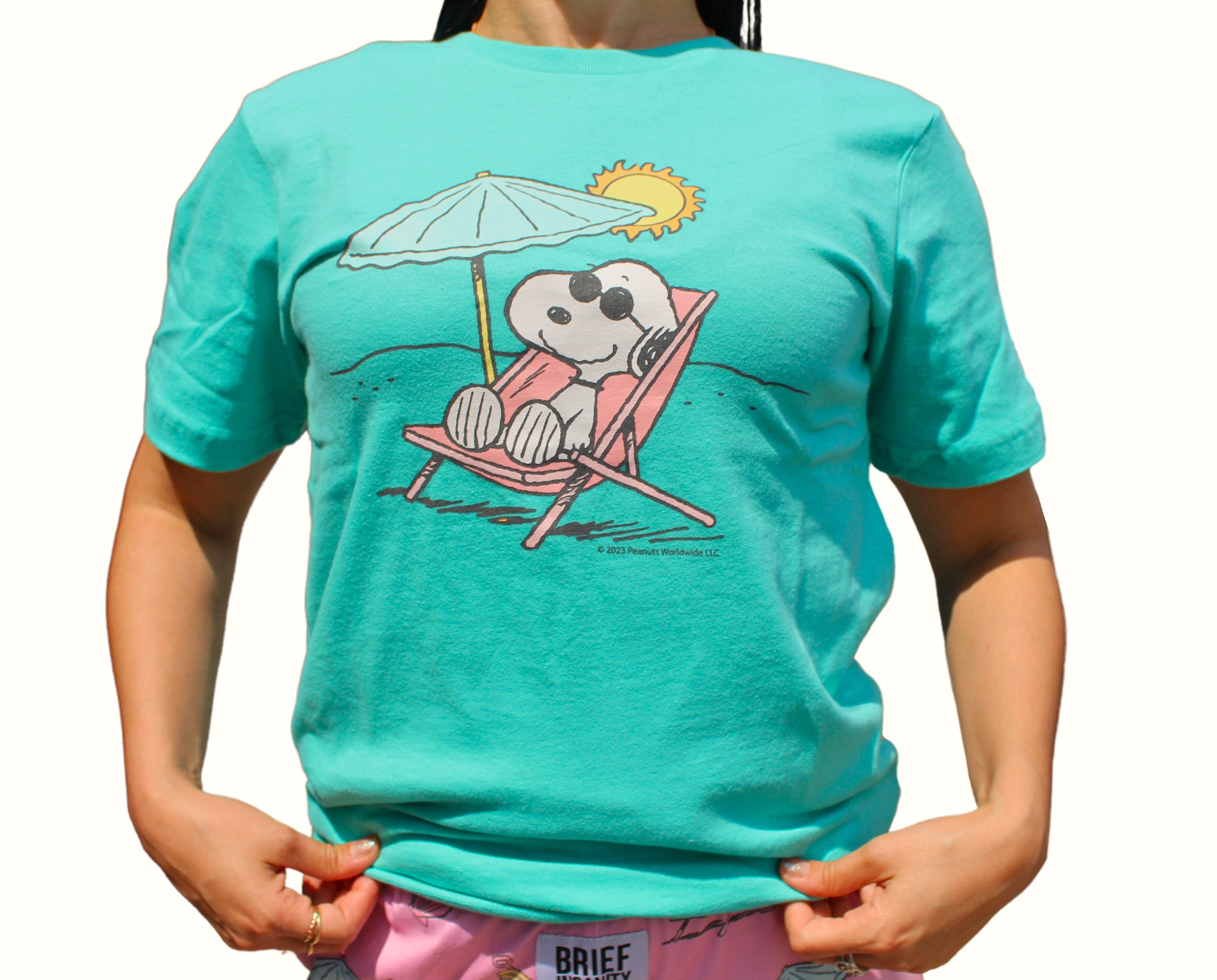 BRIEF INSANITY Peanuts Snoopy Beach Shirt on model.