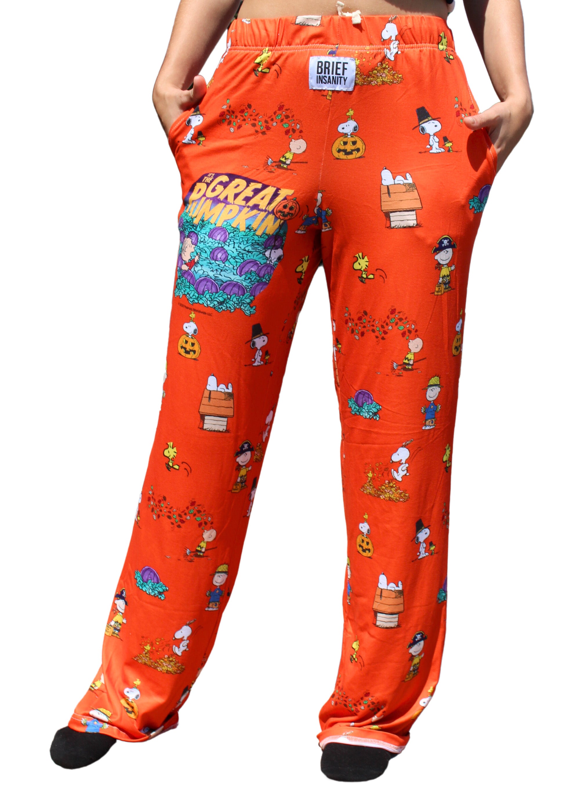 Snoopy Great Pumpkin pajama lounge pants on model front view